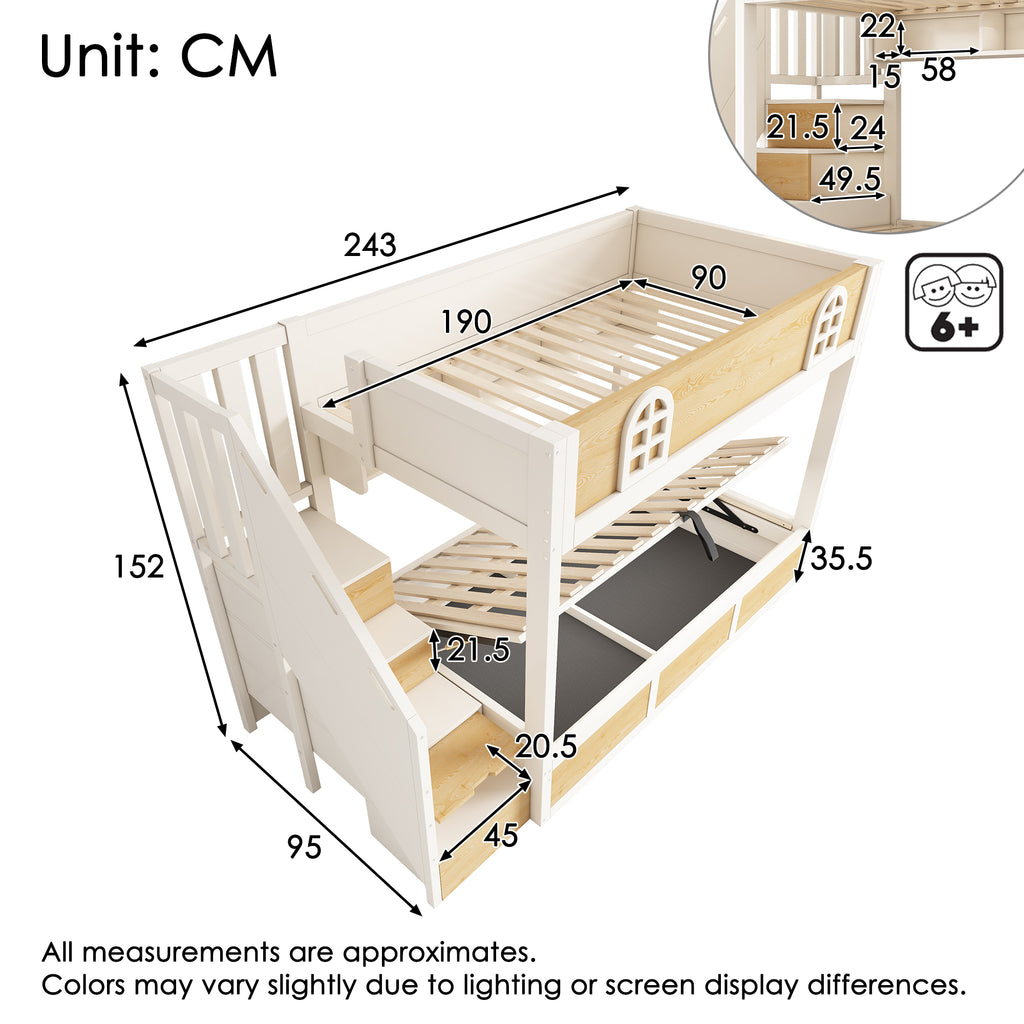 Bunk Beds for Kids, Staircase Bunk with Storage Cube, Children's Bed with Hydraulic Storage, Double Bed High Sleeper for Family with Multiple Children, 90 x 190 cm, Solid Wood, White & Natural