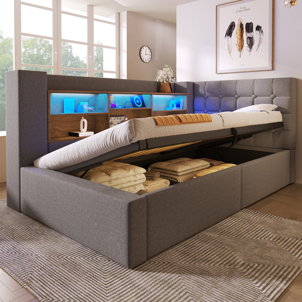 Daybed Upholstered Bed 90 x 190 cm, 3FT Single Sofa Bed with Hydraulic Storage, USB &Type-C Charging Station, Single Bed for Living Room and Bedroom, Linen, Grey (No Mattress)
