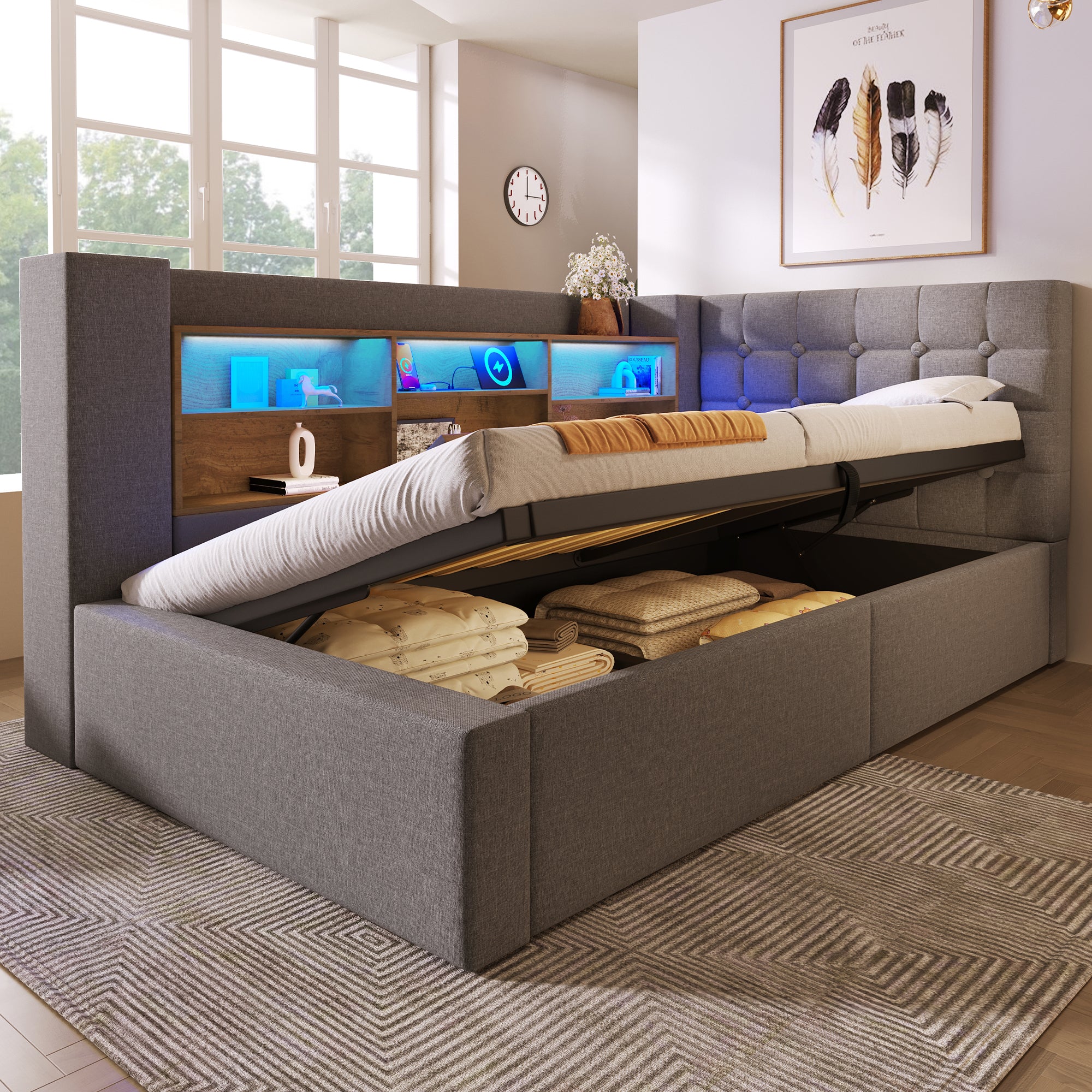Daybed Upholstered Bed 90 x 190 cm, 3FT Single Sofa Bed with Hydraulic Storage, USB &Type-C Charging Station, Single Bed for Living Room and Bedroom, Linen, Grey (No Mattress)