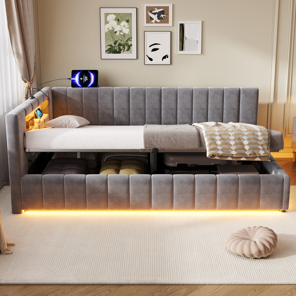 3ft Single Velvet Side Hydraulic Storage Bed with Smart RGB LED Lights & Charging Station, Side Opening Ottoman Bed Frame with Type-C & USB Ports, Channel Tufted, Grey(No Mattress)