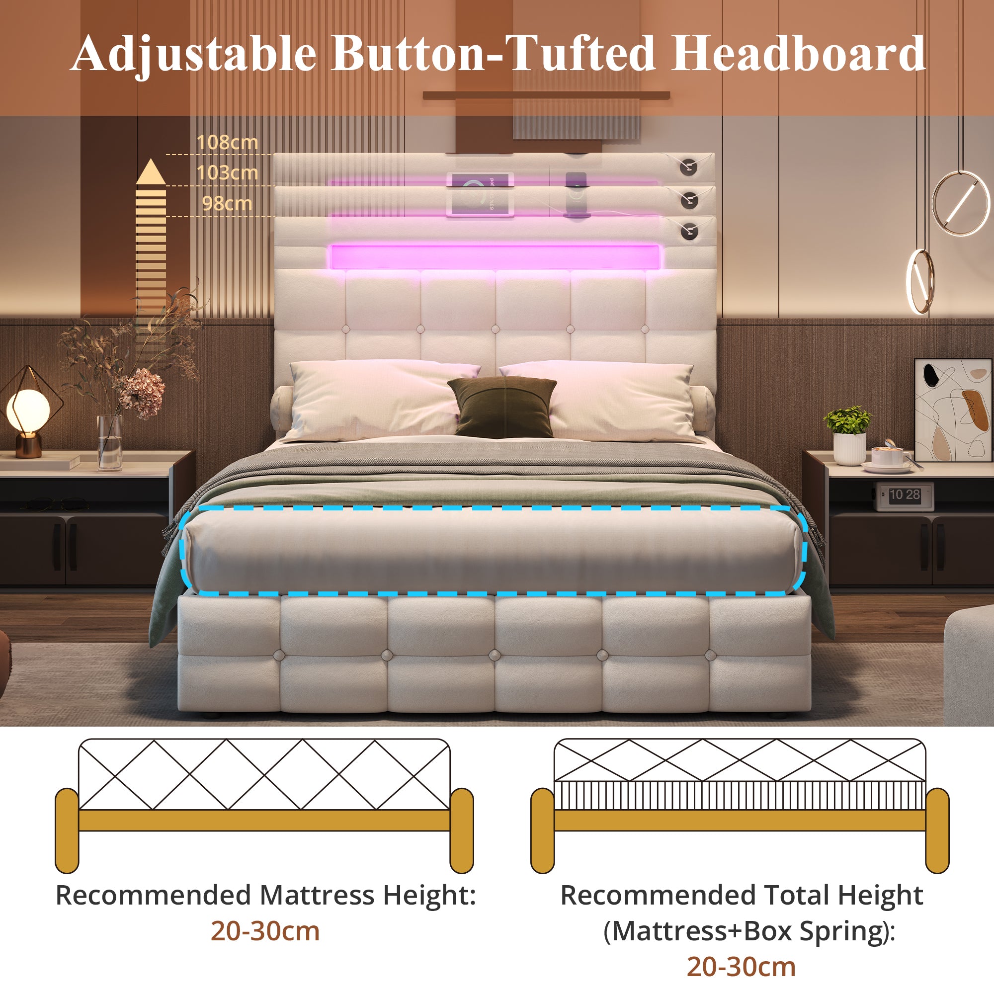 4ft6 Double Upholstered Bed Frame with Hydraulic Storage, Velvet Ottoman Bed with LED Lighting and Charging Station,  Double Bed with Adjustable Button Tufted Headboard, Beige (No Mattress)