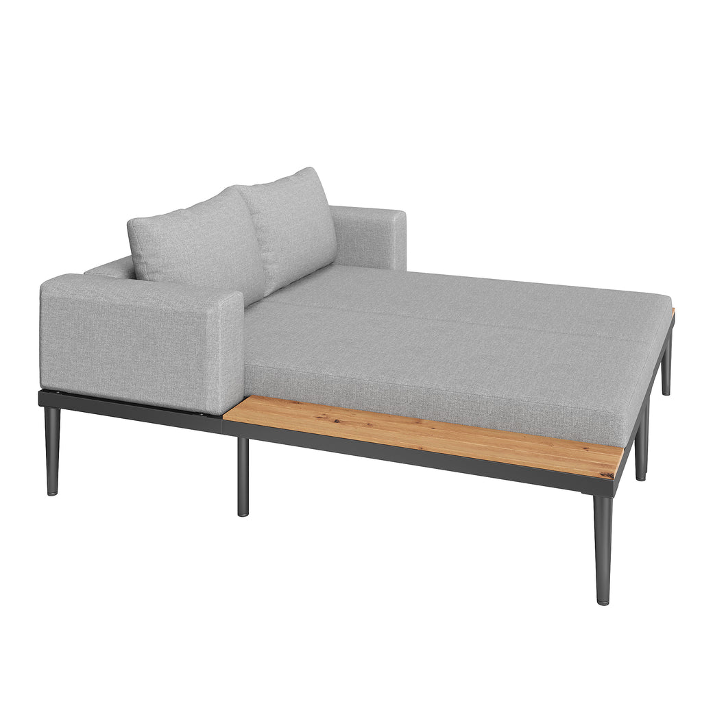 Modular Outdoor Double Chaise Lounge with Wooden Side Panels, Waterproof Cushions, Sturdy Iron Frame, for Patio & Poolside