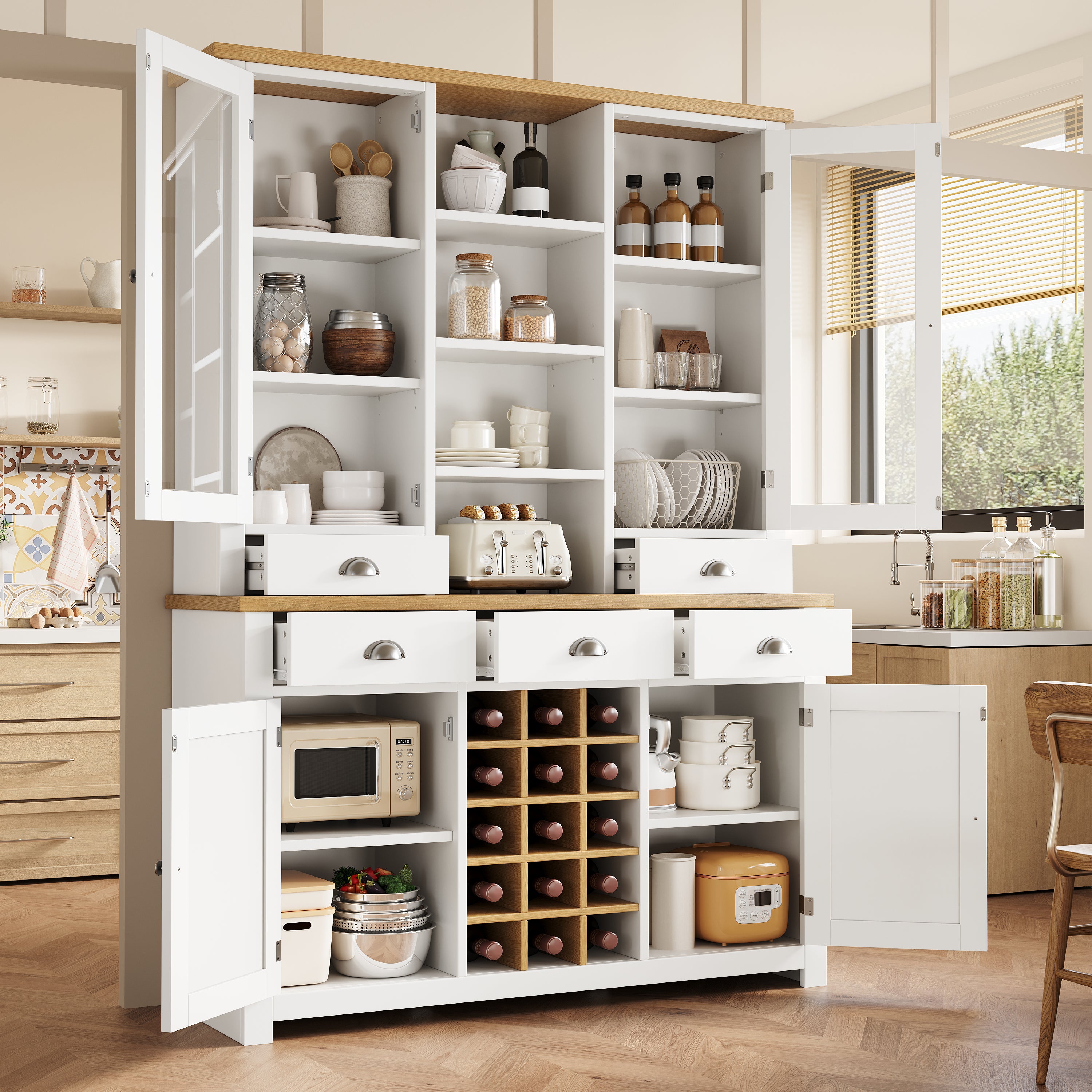Kitchen Pantry Cabinet with Wine Rack, 185cm Tall Storage Cabinet with Glass Doors, 5 Drawers & Adjustable Shelves, White