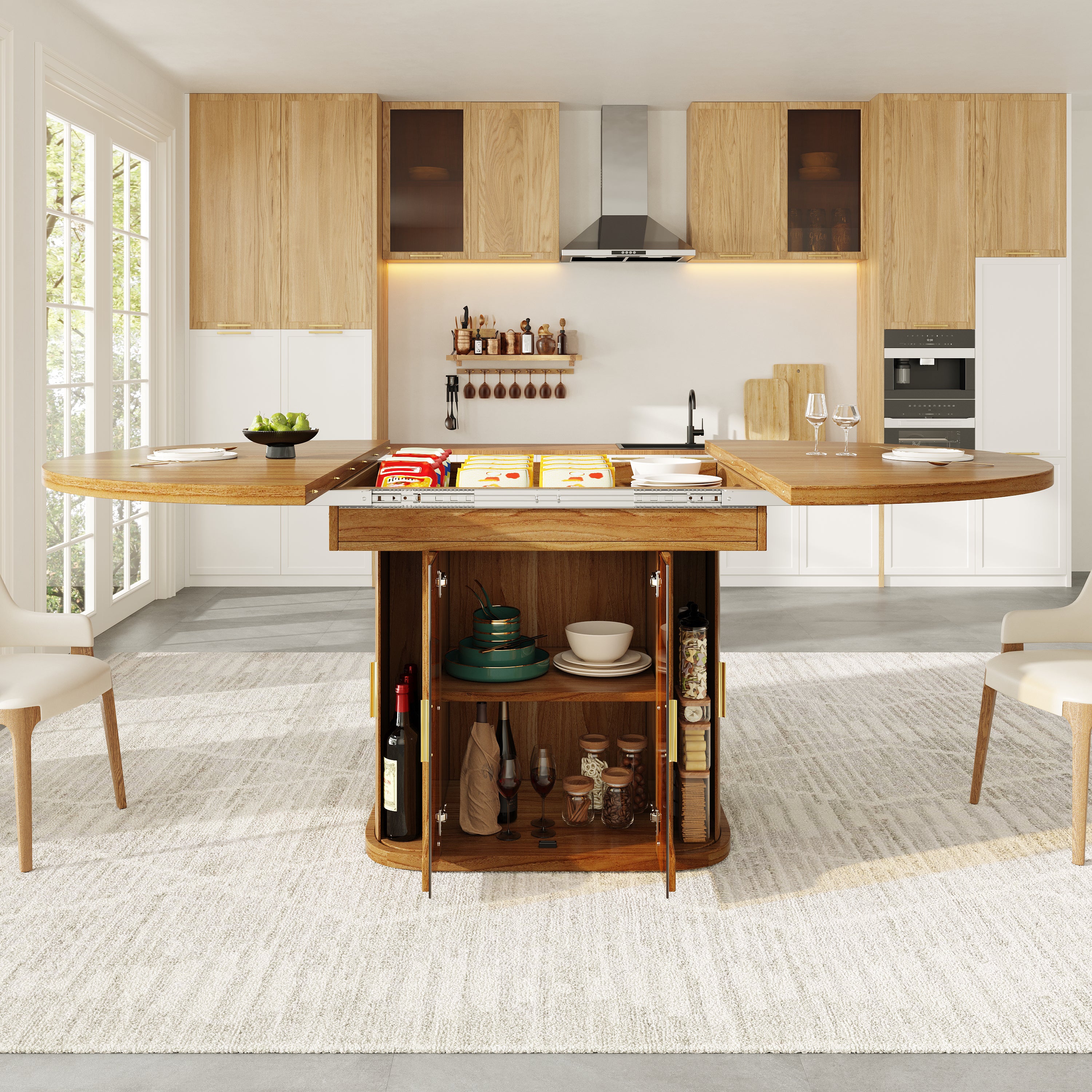 Extendable dining table, dining room table, kitchen table, round dining table, extends to oval, 118-158 cm, seats up to 6 people, dining table with glass doors, Walnut