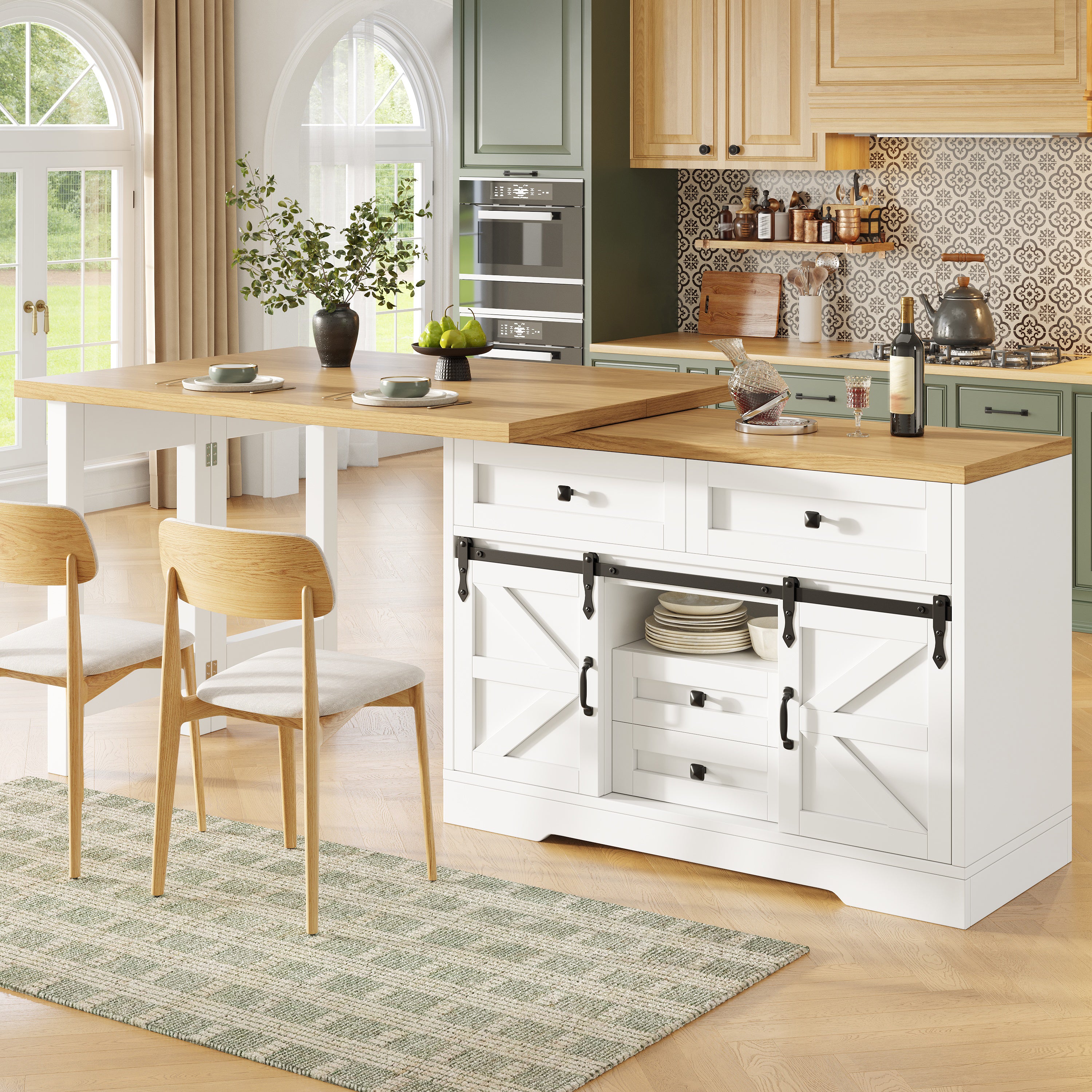 Extendable Sideboard & Dining Table Combo, Kitchen Storage Cabinet with Adjustable Shelves & Drawers, Multi-Functional & Space-Saving , White