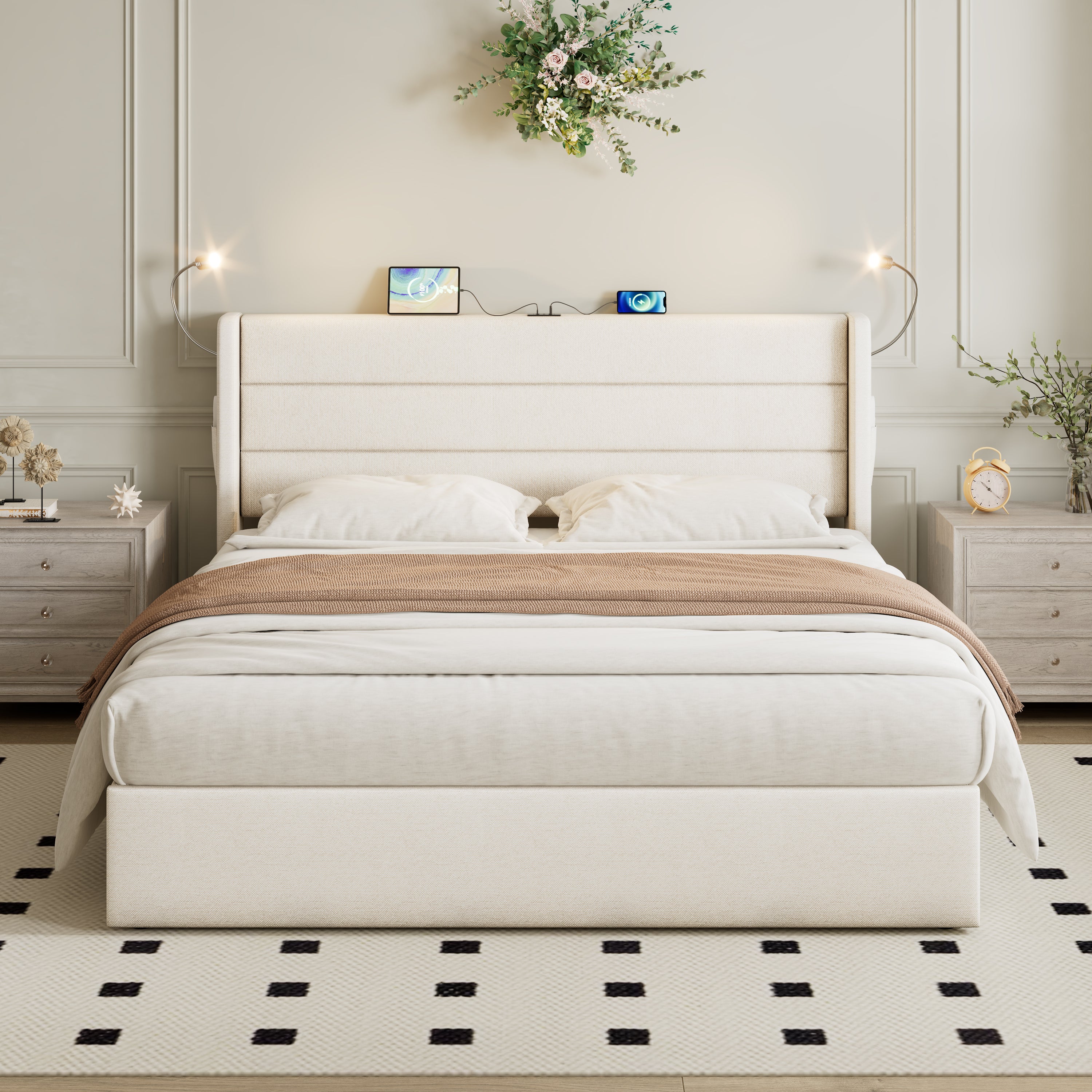 Double Upholstered Bed with Charging Station, Linen Hydraulic Storage Bed with Adjustable LED Reading Light, 4ft6 Double Bed with USB and Type - C Ports, Beige (No Mattress)