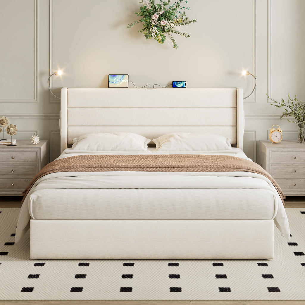 King Upholstered Bed with Charging Station, Linen Hydraulic Storage Bed with Adjustable LED Reading Light, 5ft Double Bed with USB and Type - C Ports, Beige (No Mattress)