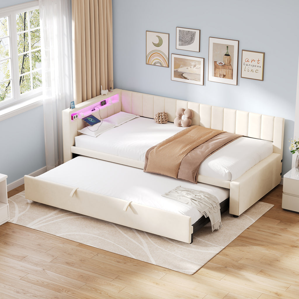 3ft Single Velvet Daybed, Sofa Bed with RGB LED Lights and Charging Station, Upholstered Sofa Bed with Trundle, Pull out Trundle Bed for Living Room, Bedroom or Study, Beige (No Mattress)