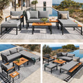 Modular Outdoor Sofa Set with Free Combination, Aluminium Frame, Breathable Cushions, Wooden Coffee Table & Side Table, for Patio, Garden & Backyard