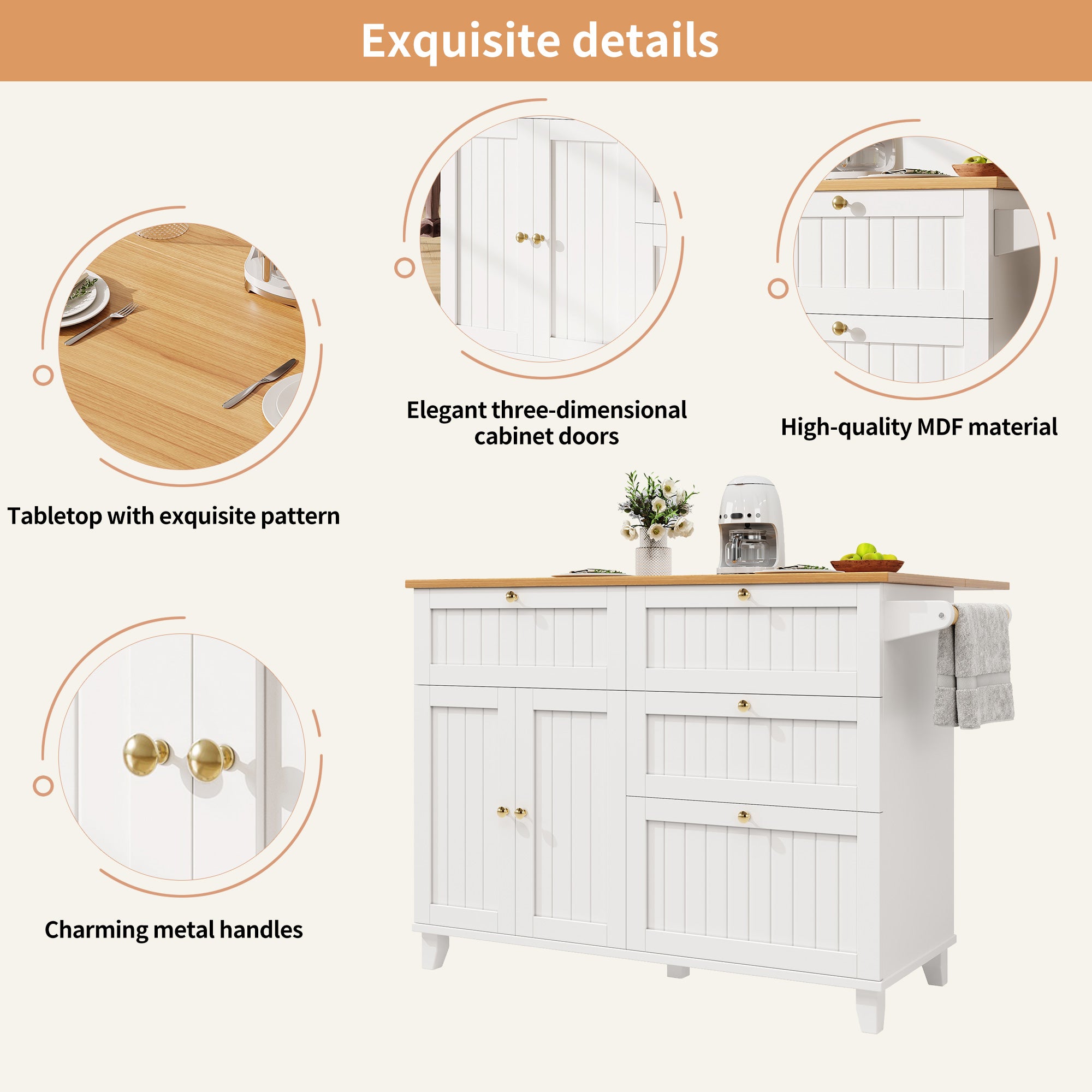 Rolling Mobile Kitchen Island, Table on Wheels with Drawer and Storage Cabinet, Portable Kitchen Island Cart with Drop Leaf, Breakfast Bar, Towel Rack, White