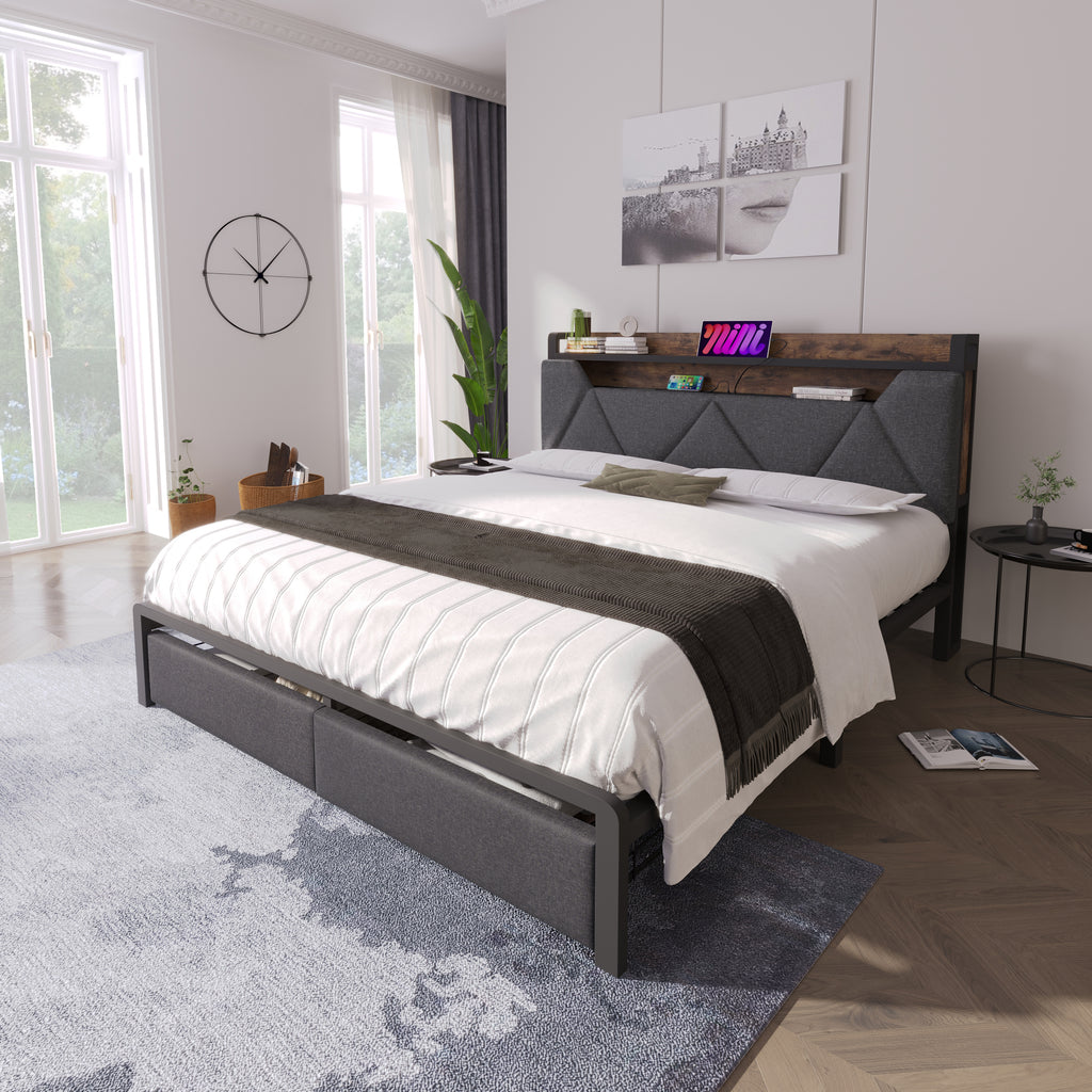 Upholstered Double Bed with LED Lighting, USB Type-C Charging Function, Storage Headboard and Drawers, 4ft6 Double Bed 135 x 190 cm, Storage Bed Frame with Metal Slatted Frame,Linen, Grey(No Mattress)