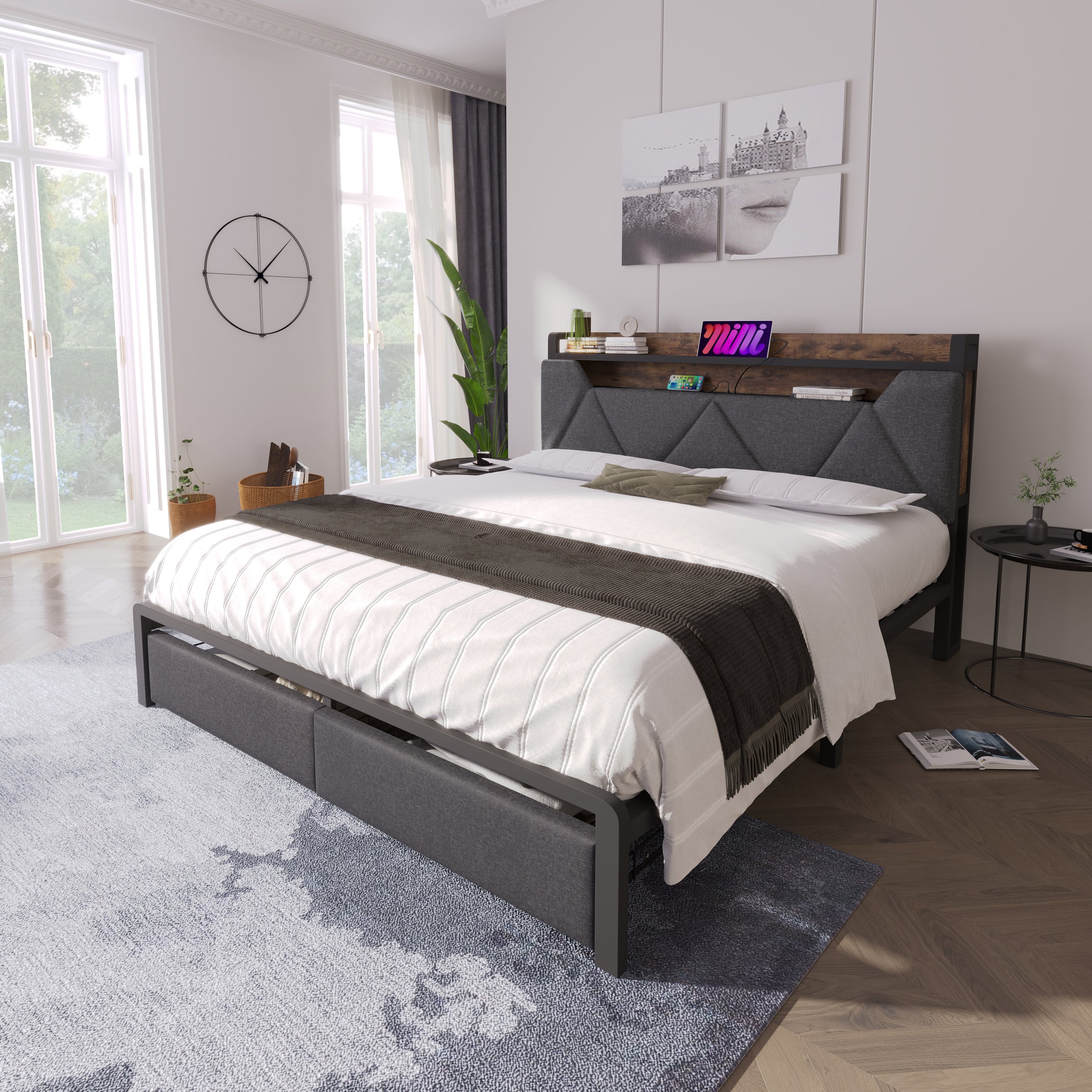 Upholstered Double Bed with LED Lighting, USB Type-C Charging Function, Storage Headboard and Drawers, 4ft6 Double Bed 135 x 190 cm, Storage Bed Frame with Metal Slatted Frame,Linen, Grey(No Mattress)