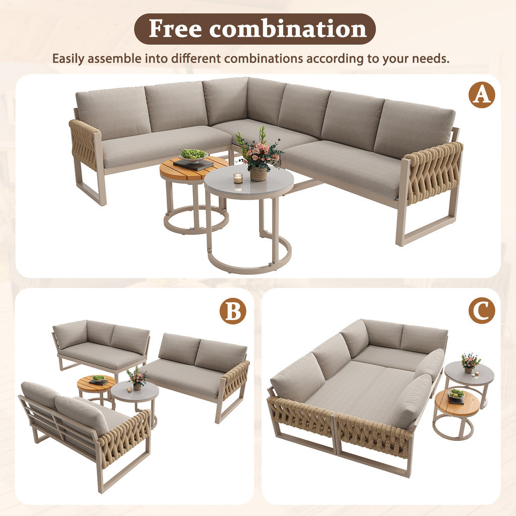 Garden furniture set with adjustable legs, water-repellent and removable cushions, modular garden lounge set for 5-6 people, suitable for balconies, gardens, and patios, beige