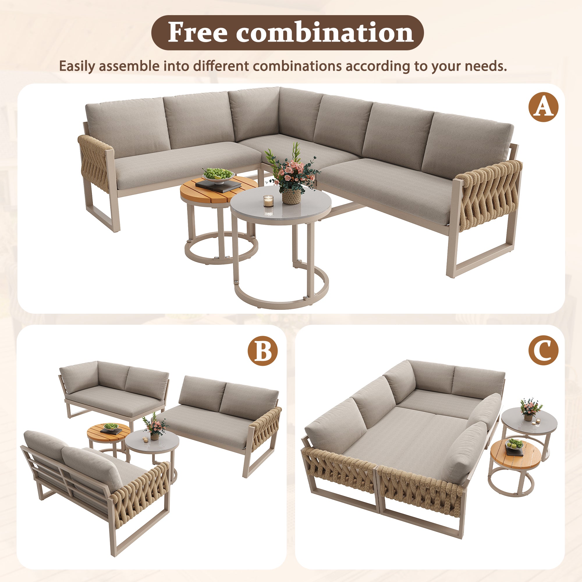 Garden furniture set with adjustable legs, water-repellent and removable cushions, modular garden lounge set for 5-6 people, suitable for balconies, gardens, and patios, beige
