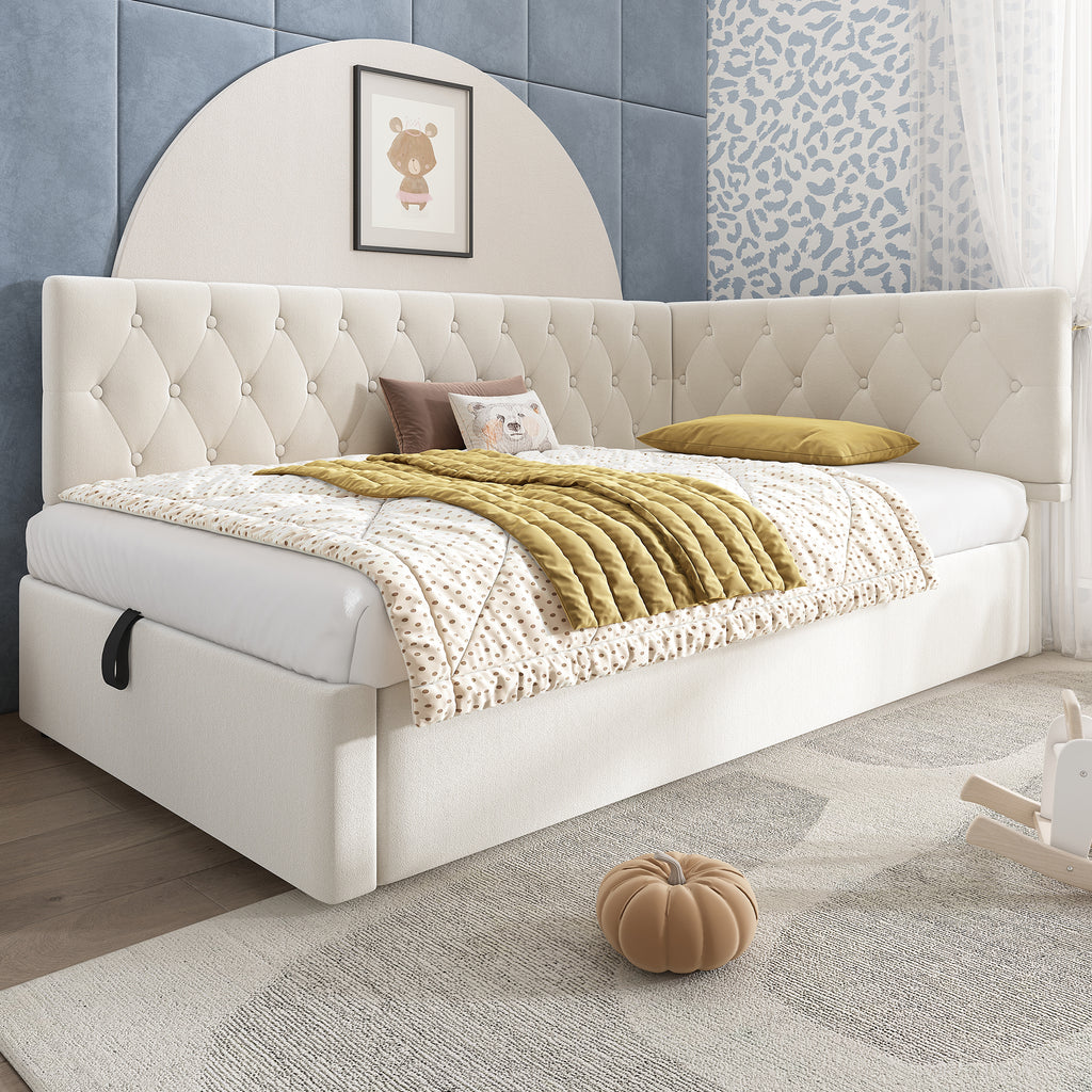 Daybed Upholstered Bed with Storage, 3FT Single Sofa Bed 90 x 190 cm, Ottoman Bed with Hydraulic Storage, Metal Slatted Bed Frame, Velvet, Beige (No Mattress)