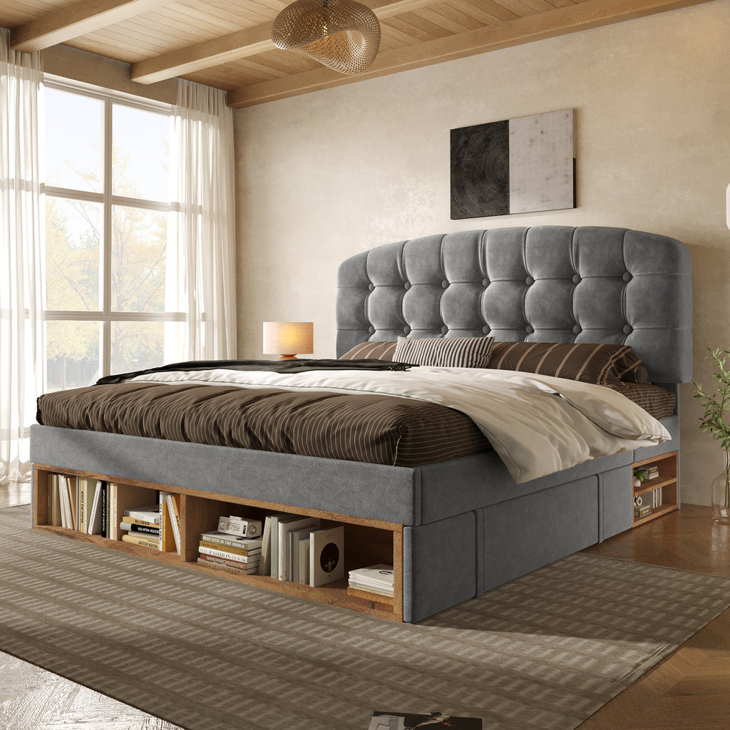 Upholstered Double Bed with Storage Compartments and Drawers, 4ft6 Double Bed with Adjustable Headboard, 135 x 190 cm, Velvet, Grey (No Mattress)