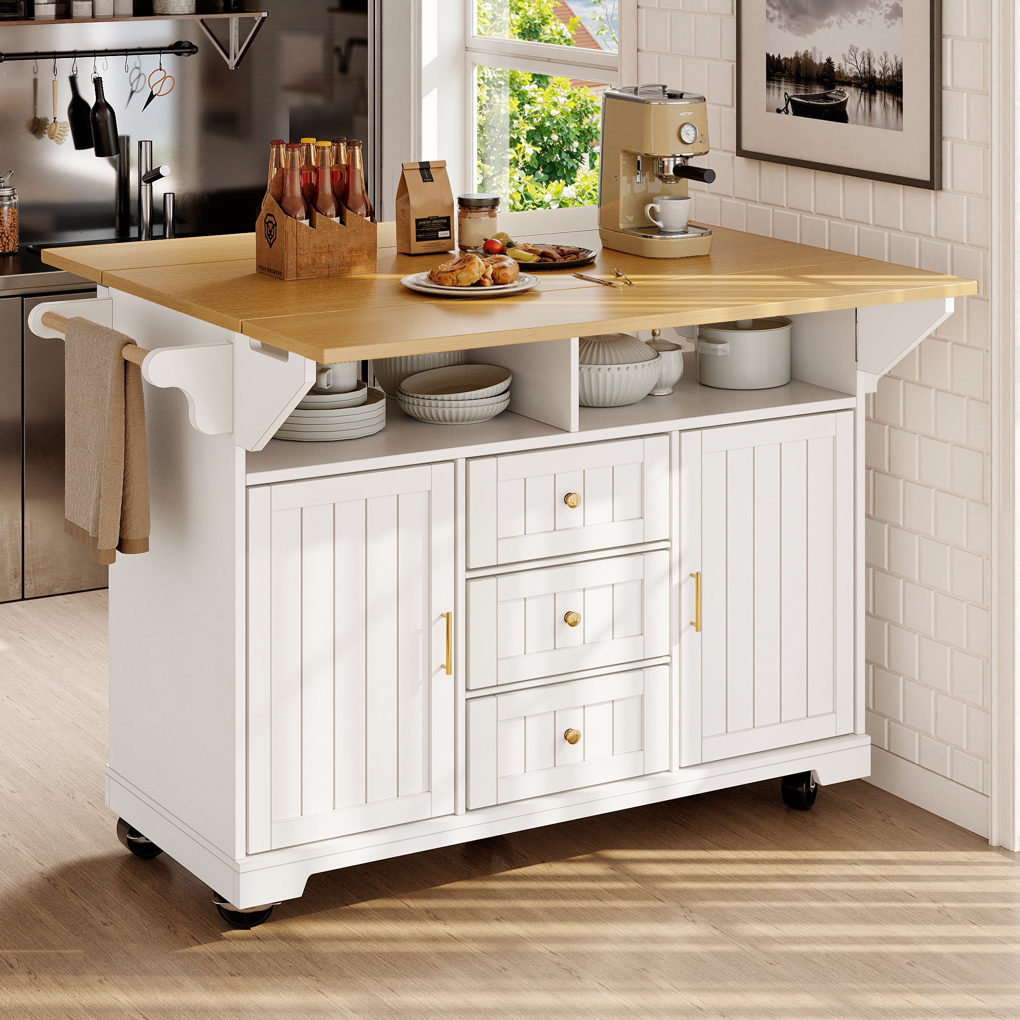 Kitchen island, cabinet, sideboard 120 x 40 (80) x 95 cm, extendable kitchen trolley with casters, extendable on both sides, with towel rail and spice rack, two doors, three drawers, black/white