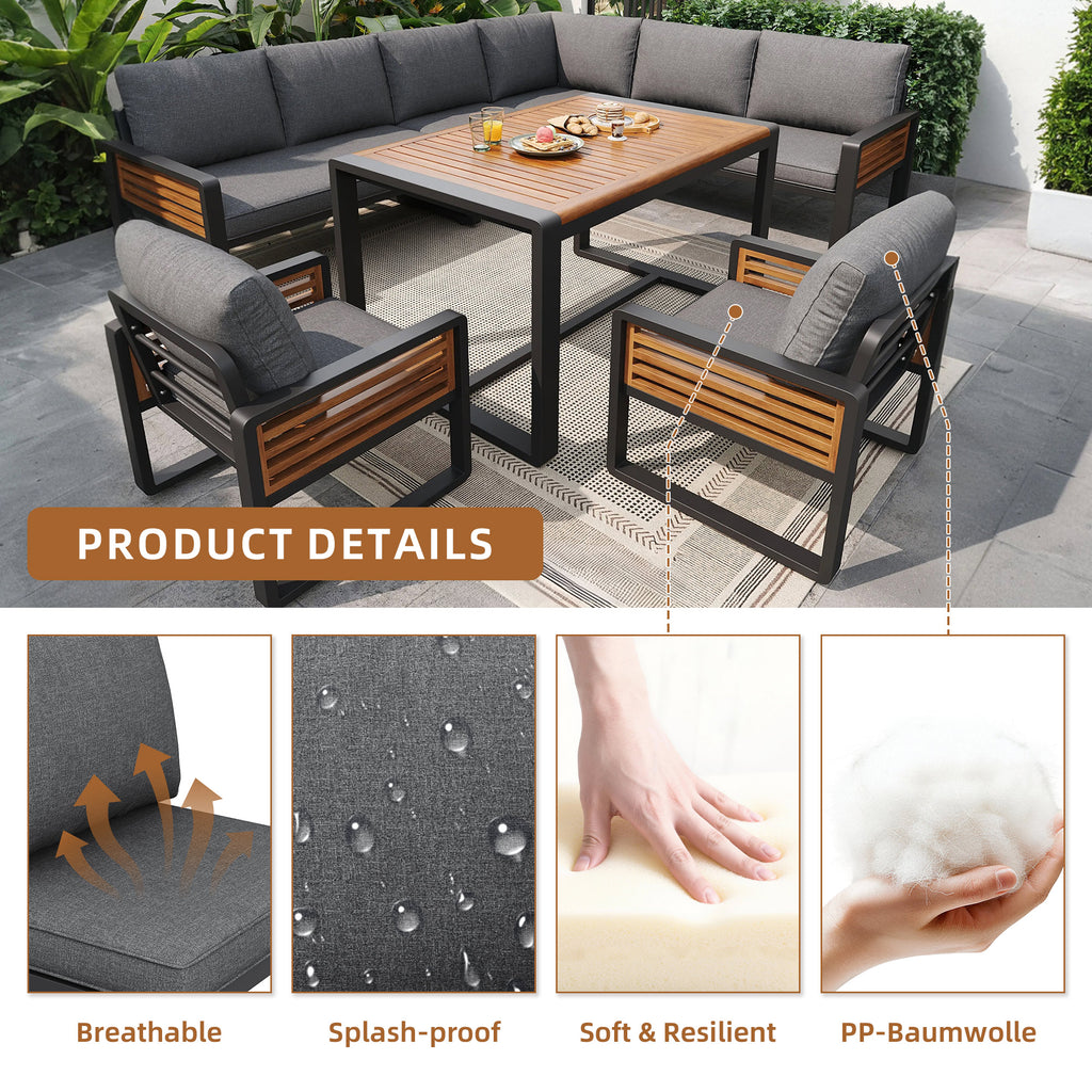 Garden lounge set, garden sofa with dining table made of solid wood, furniture set for 8 people, adjustable legs, all seat and back cushions included, gray
