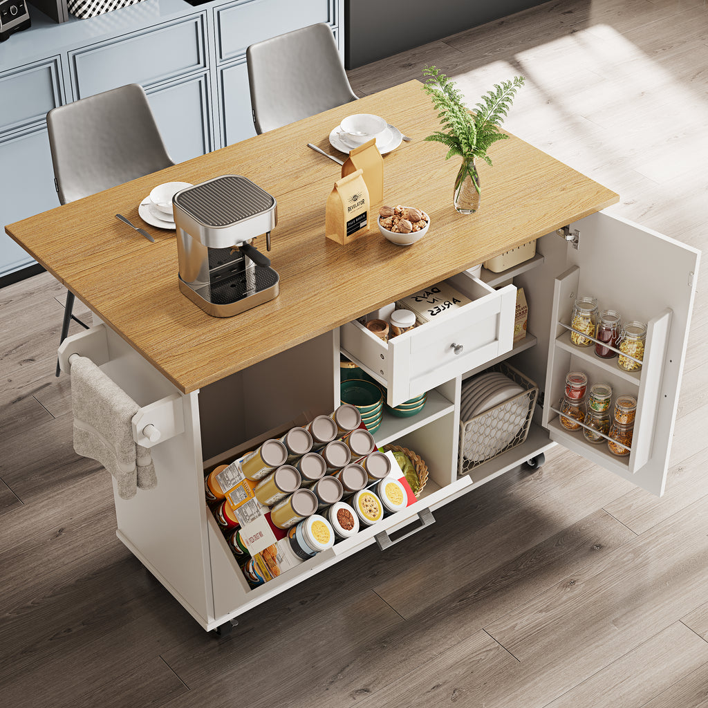 Modern kitchen island,cabinet for rubbish bins, multifunctional dining table with storage space, serving trolley with snack shelves and stretch function cabinets, white(Excluding the dustbin)