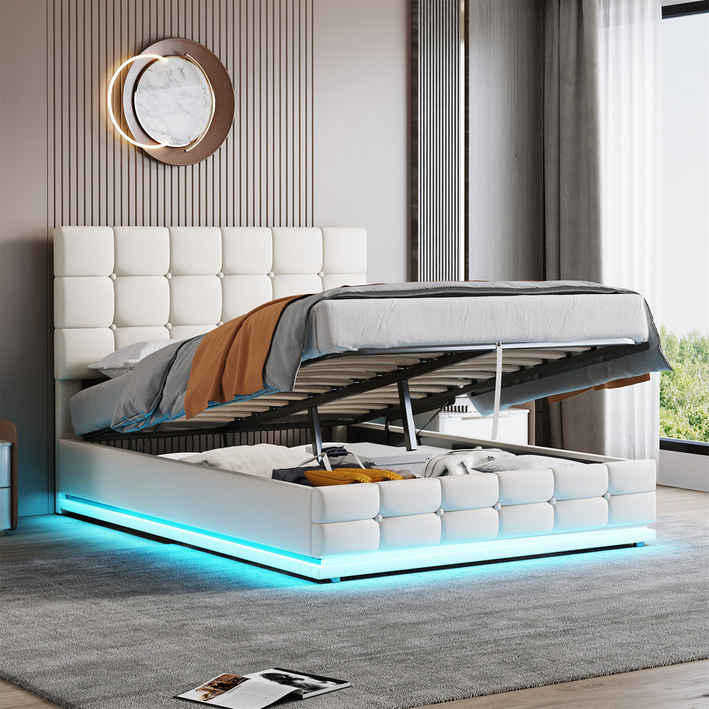 Ottoman Double Bed with LED Lighting, PU Leather Upholstered Bed with Hydraulic Storage, 4ft6 Double Bed Frame with Adjustable Button Tufted Headboard, Cream White (No Mattress)