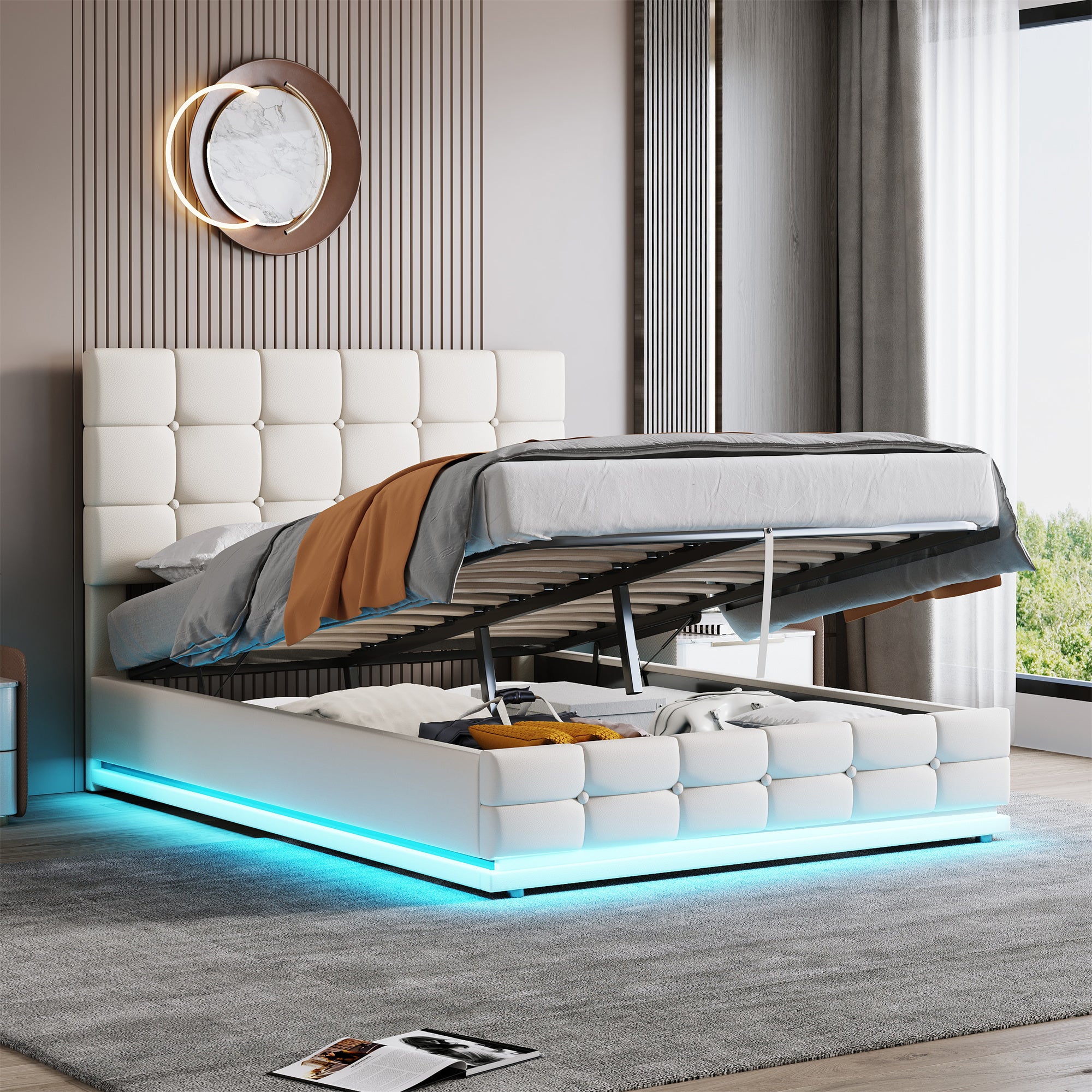 Ottoman Double Bed with LED Lighting, PU Leather Upholstered Bed with Hydraulic Storage, 4ft6 Double Bed Frame with Adjustable Button Tufted Headboard, Cream White (No Mattress)