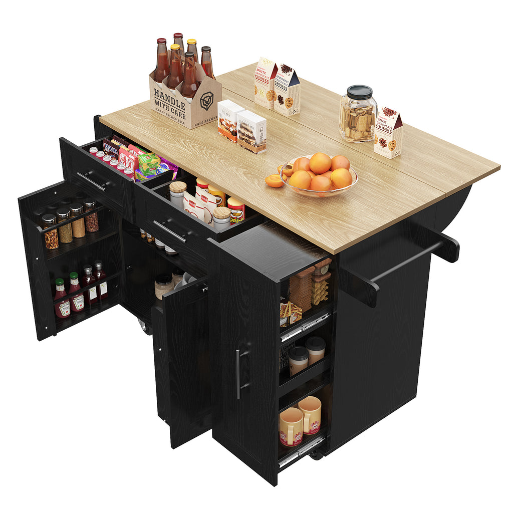Modern kitchen island, kitchen cabinet, buffet cabinet, dining cart with wood grain, dining table with storage space, dining cart with snack shelves and stretch function cabinets, black