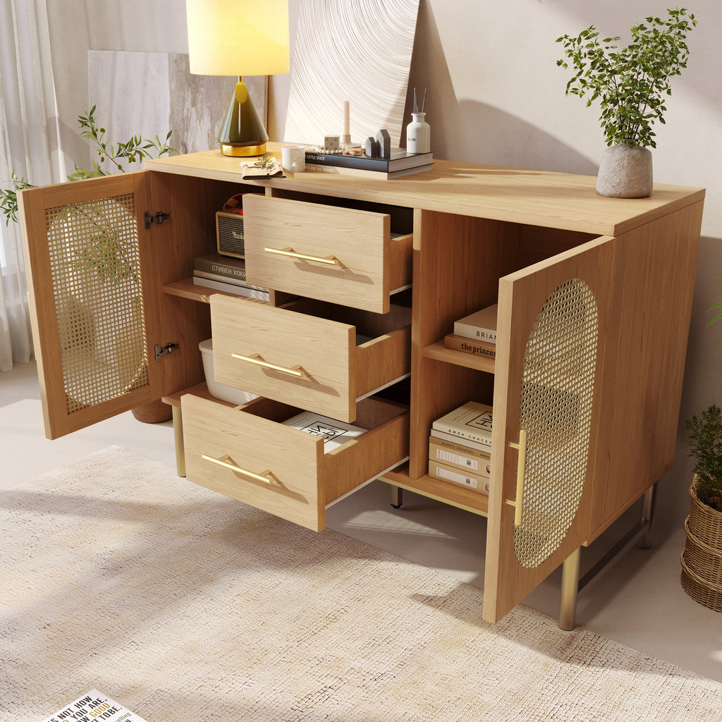 (=TT20604041A) Rattan Sideboard Storage Cabinet  with 2 Doors 3 Drawers, Storage Cabinet for Living Room, Bedroom, and Hallway, Metal Handles, Adjustable Shelves, Anti-Tip, 120 x 40 x 74 cm, Oak