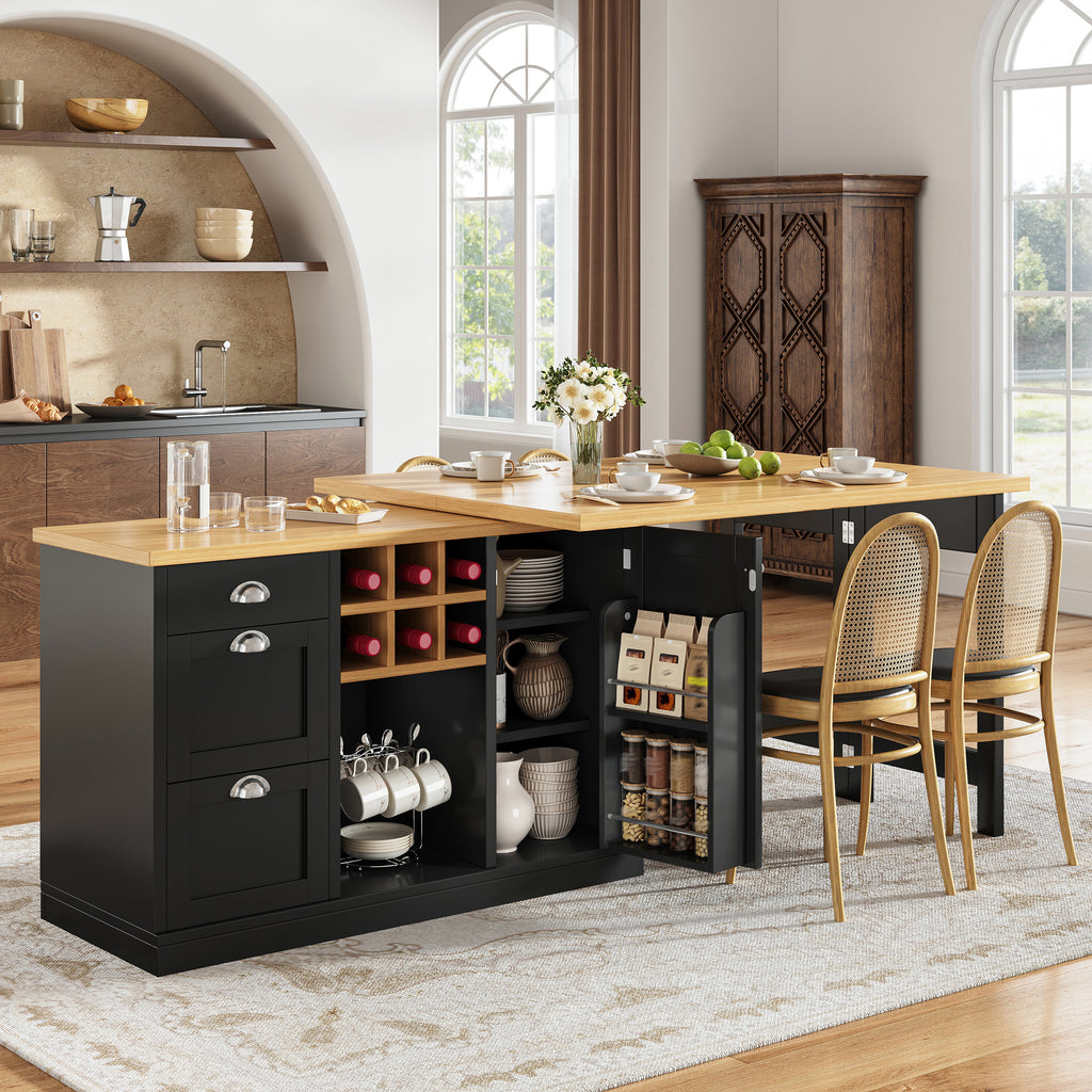 Extendable Sideboard & Dining Table Combo, 3 Drawers & Snack rack & Wine rack, Space-Saving Sideboard for Small Flats, White/Black