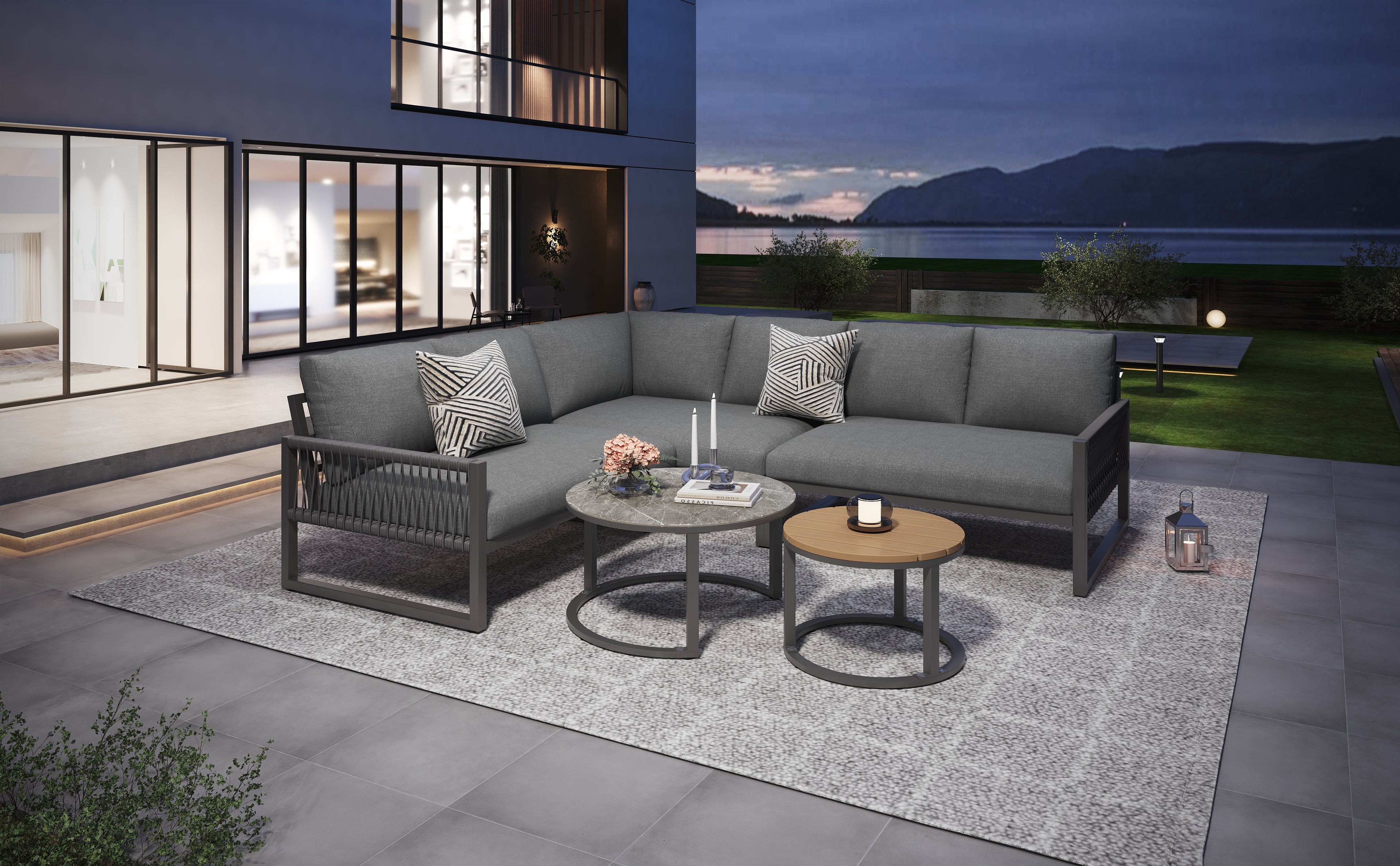 Outdoor garden lounge set, furniture set for 6-7 people, corner sofa with galvanized iron frame, adjustable legs, includes all seat and back cushions, grey