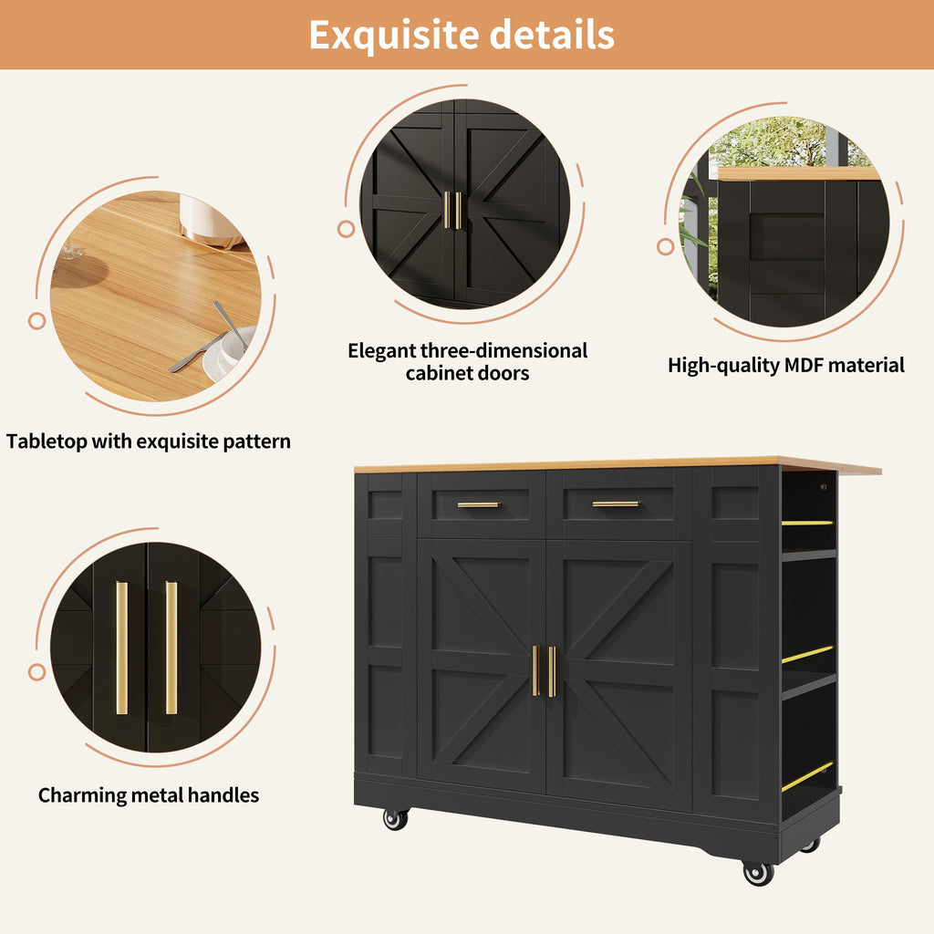 Kitchen Island on Wheels, Rolling Island Cart with 2 Drawers and Double-Sided Storage Racks, Storage Cabinet with Foldable Worktop, Mobile Carts, Portable Trolley for Home and Kitchen, Black