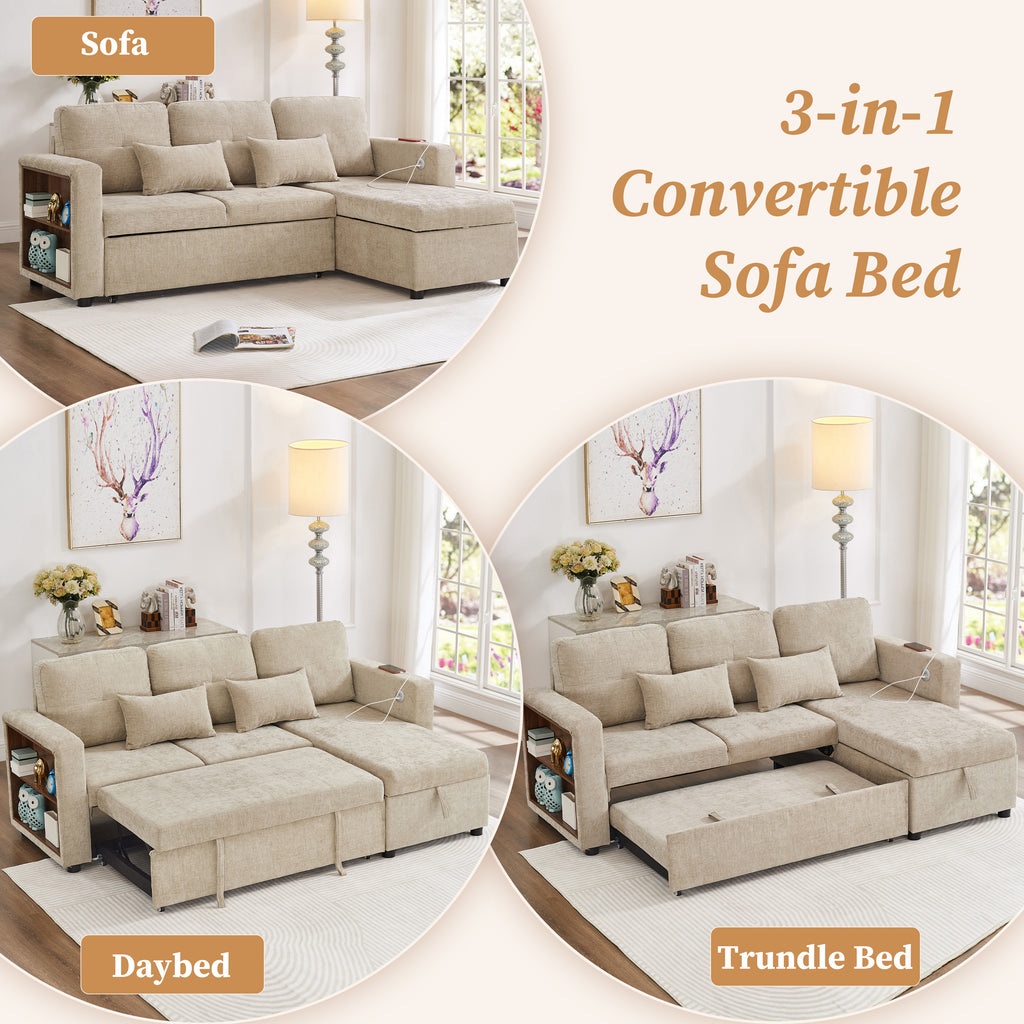 3-in-1 Convertible Chenille Sectional Sofa Bed with Reversible Storage Chaise, L-Shaped Sleeper Sofa with Integrated Charging Station and Adjustable Armrest Side Storage, USB & Type-C Ports, Beige