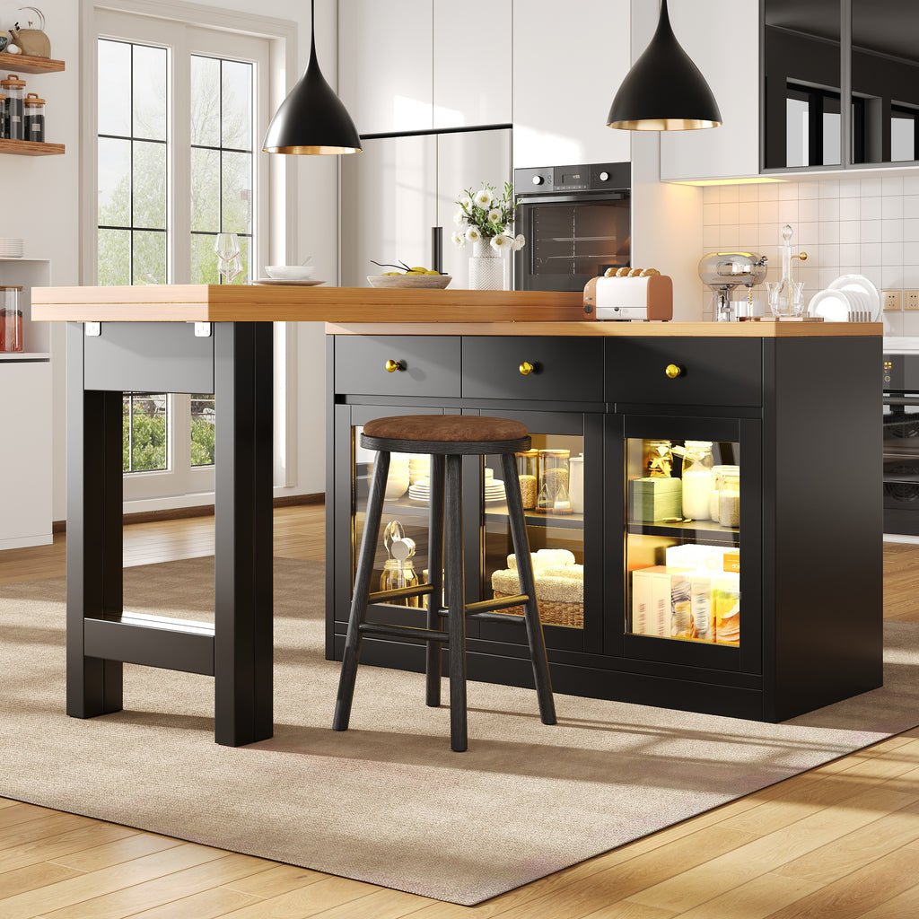 Extendable Kitchen Island with LED Lights, 120-200cm Adjustable Dining Table with Storage, 3 Drawers & Glass Cabinets, White/Black