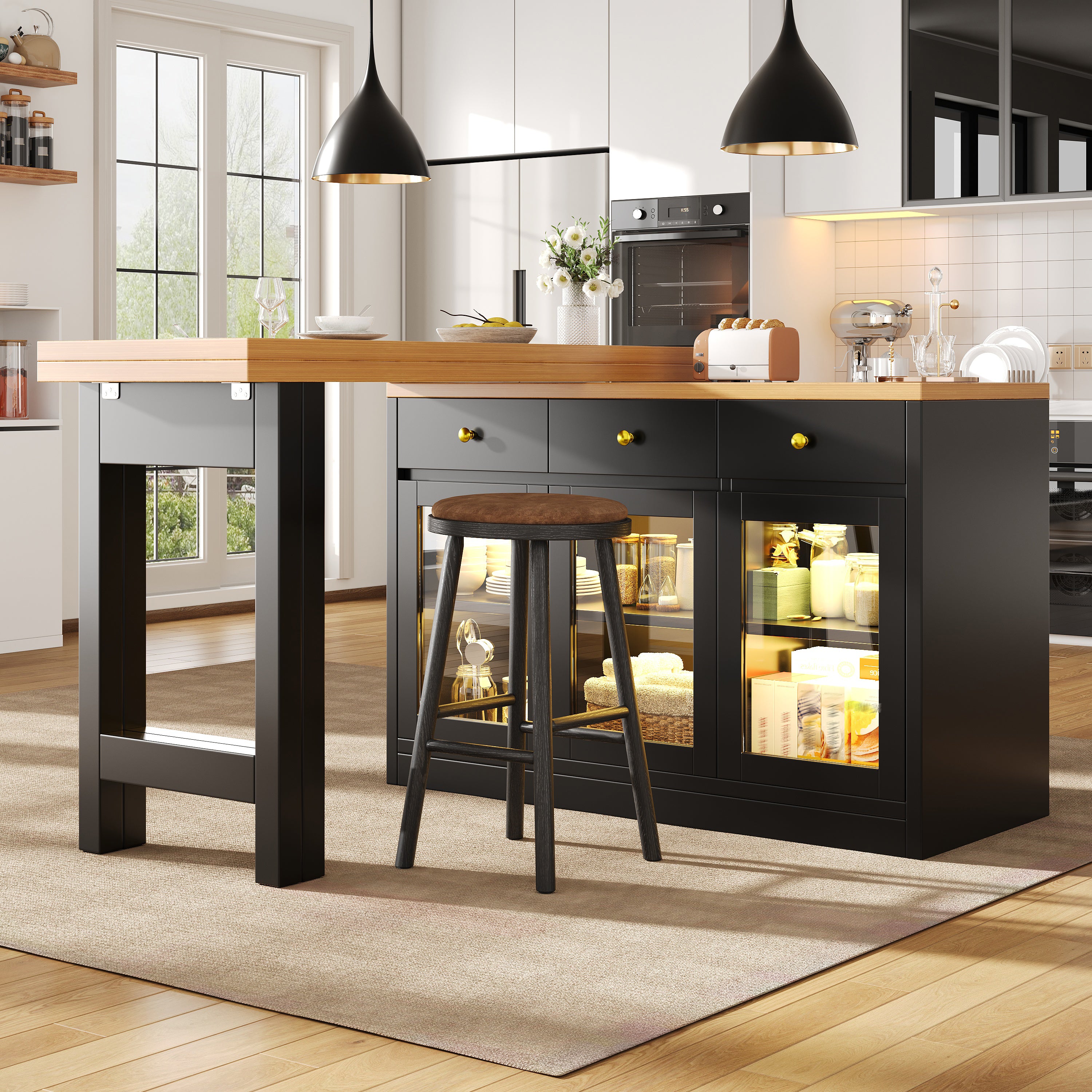 Extendable Kitchen Island with LED Lights, 120-200cm Adjustable Dining Table with Storage, 3 Drawers & Glass Cabinets, White/Black