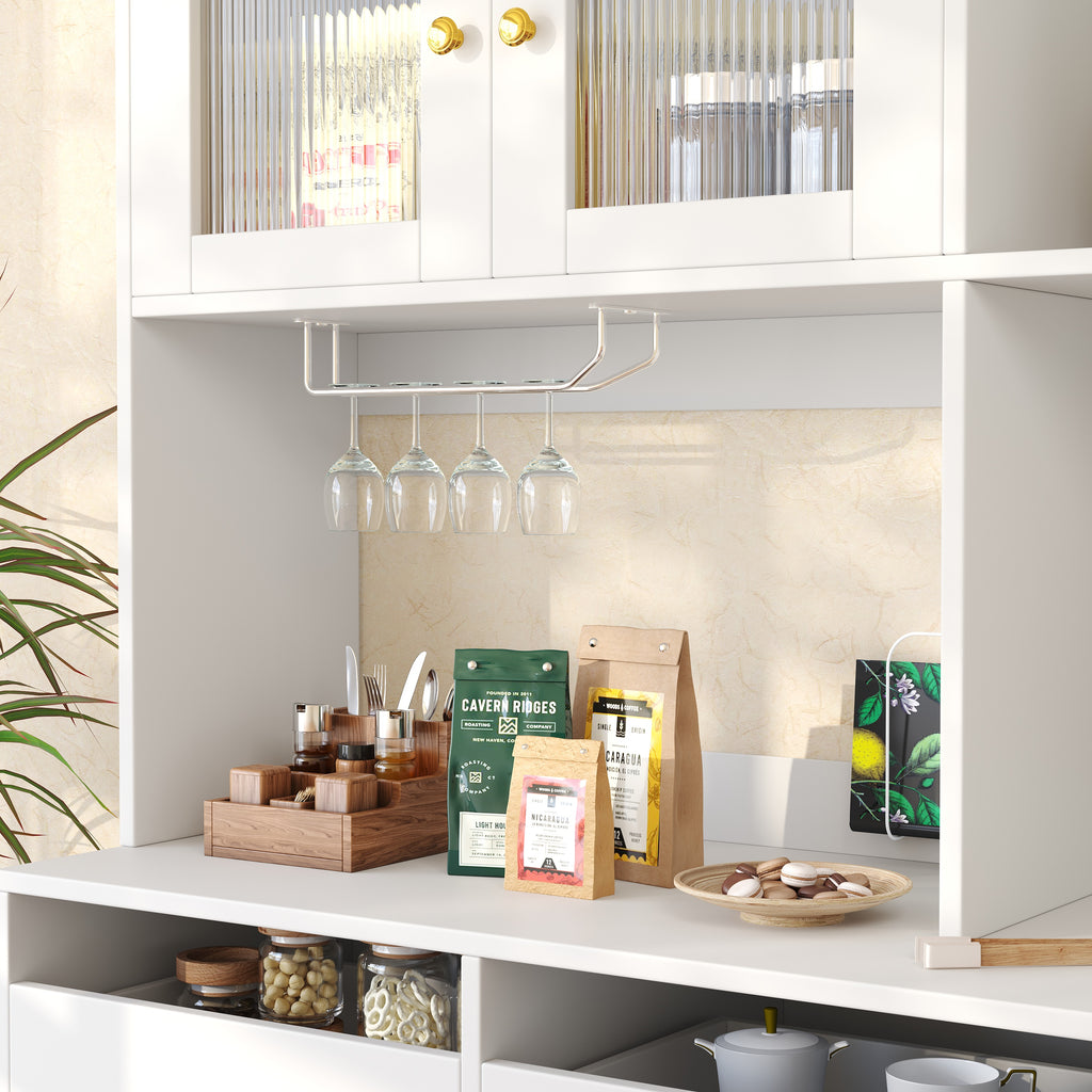 Multi-purpose Storage Cabinet(145 x 39 x 171 cm), Modern design, with Changhong glass door, Wine glass holder, Multi-layered storage space, White with gold decoration, Suitable for home and restaurant