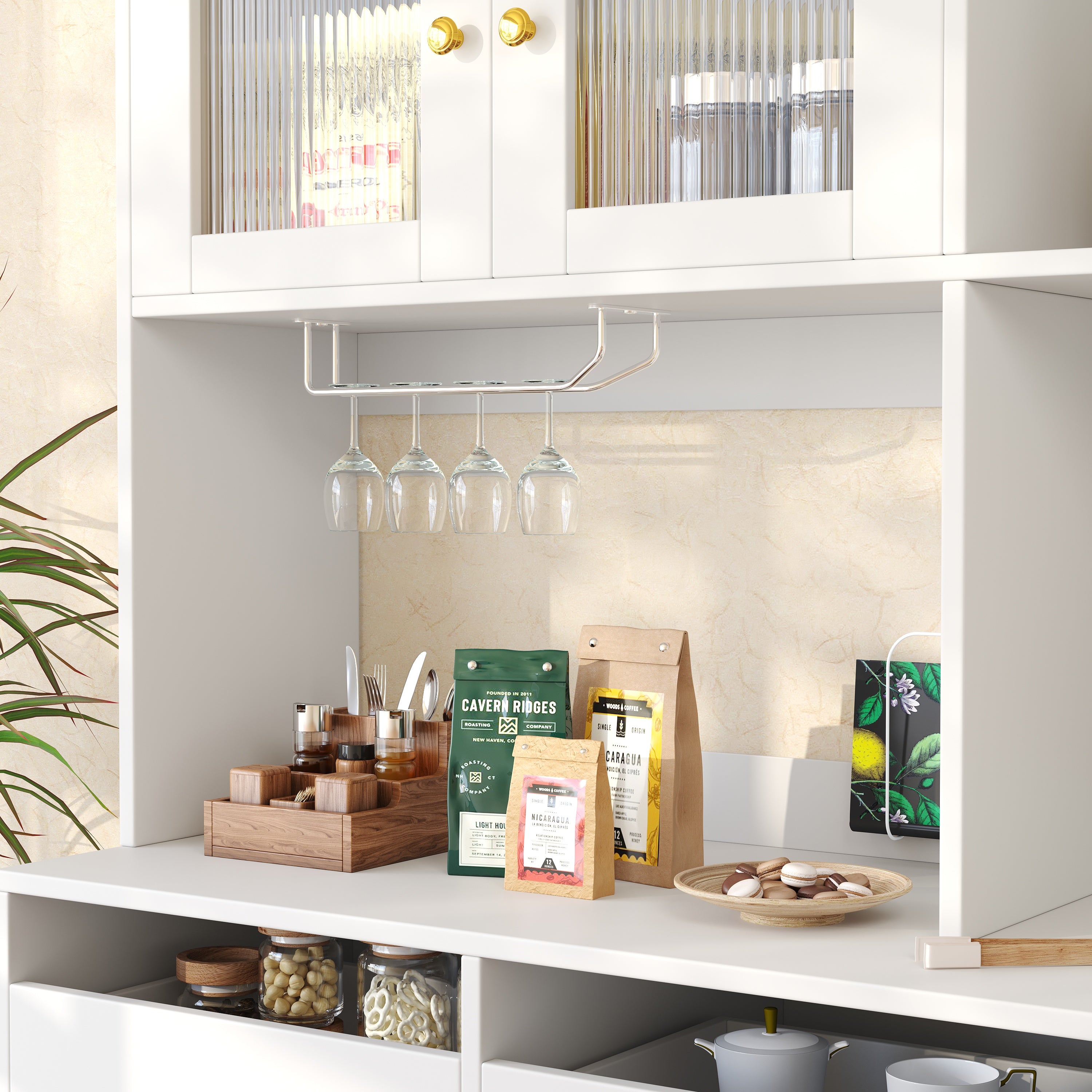 Multi-purpose Storage Cabinet(145 x 39 x 171 cm), Modern design, with Changhong glass door, Wine glass holder, Multi-layered storage space, White with gold decoration, Suitable for home and restaurant