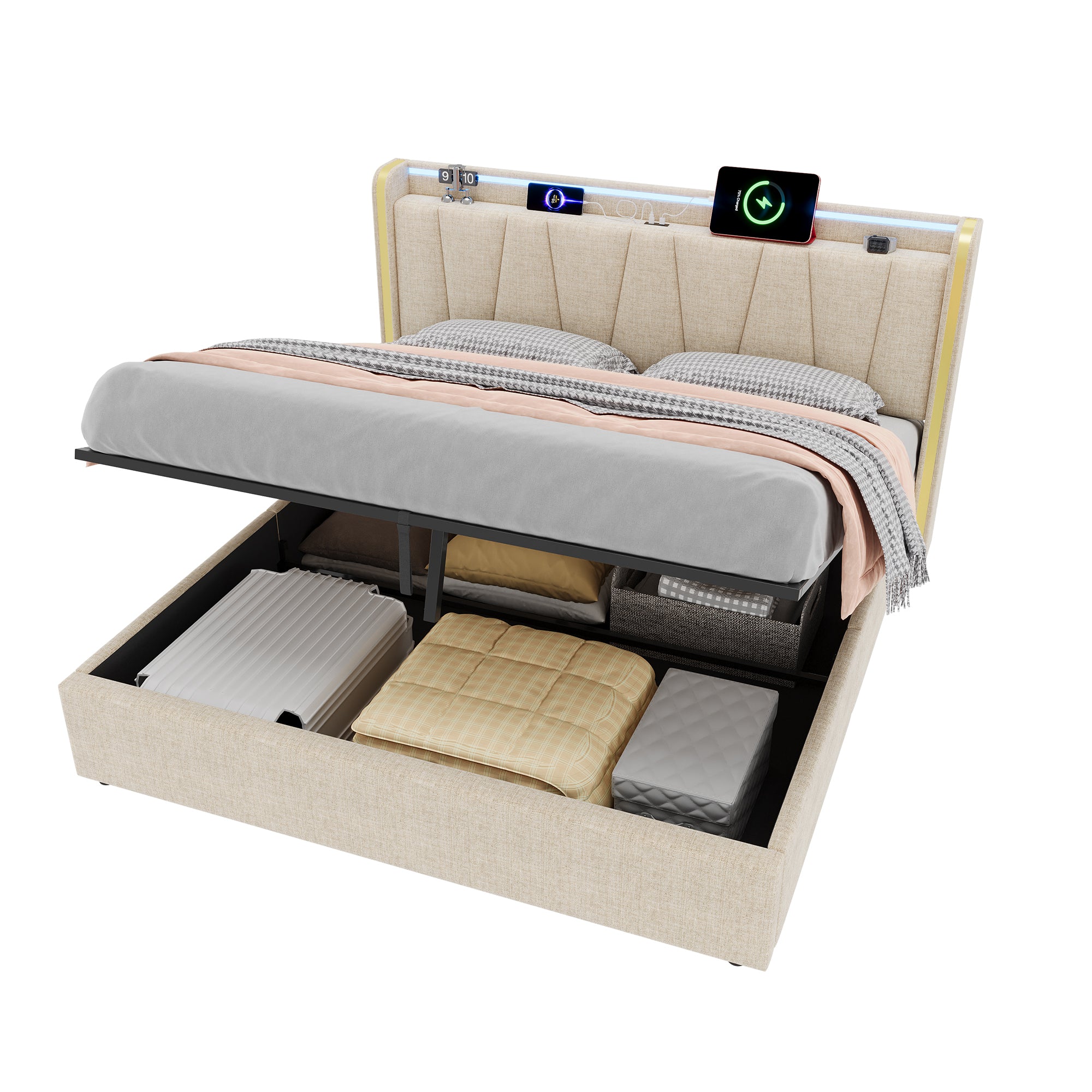 5ft King Upholstered Bed Frame with Hydraulic Storage, LED Headboard with Charging Station and Chrome Trim, USB and Type-C Ports, Linen, No Box Spring Needed, Beige (No Mattress)