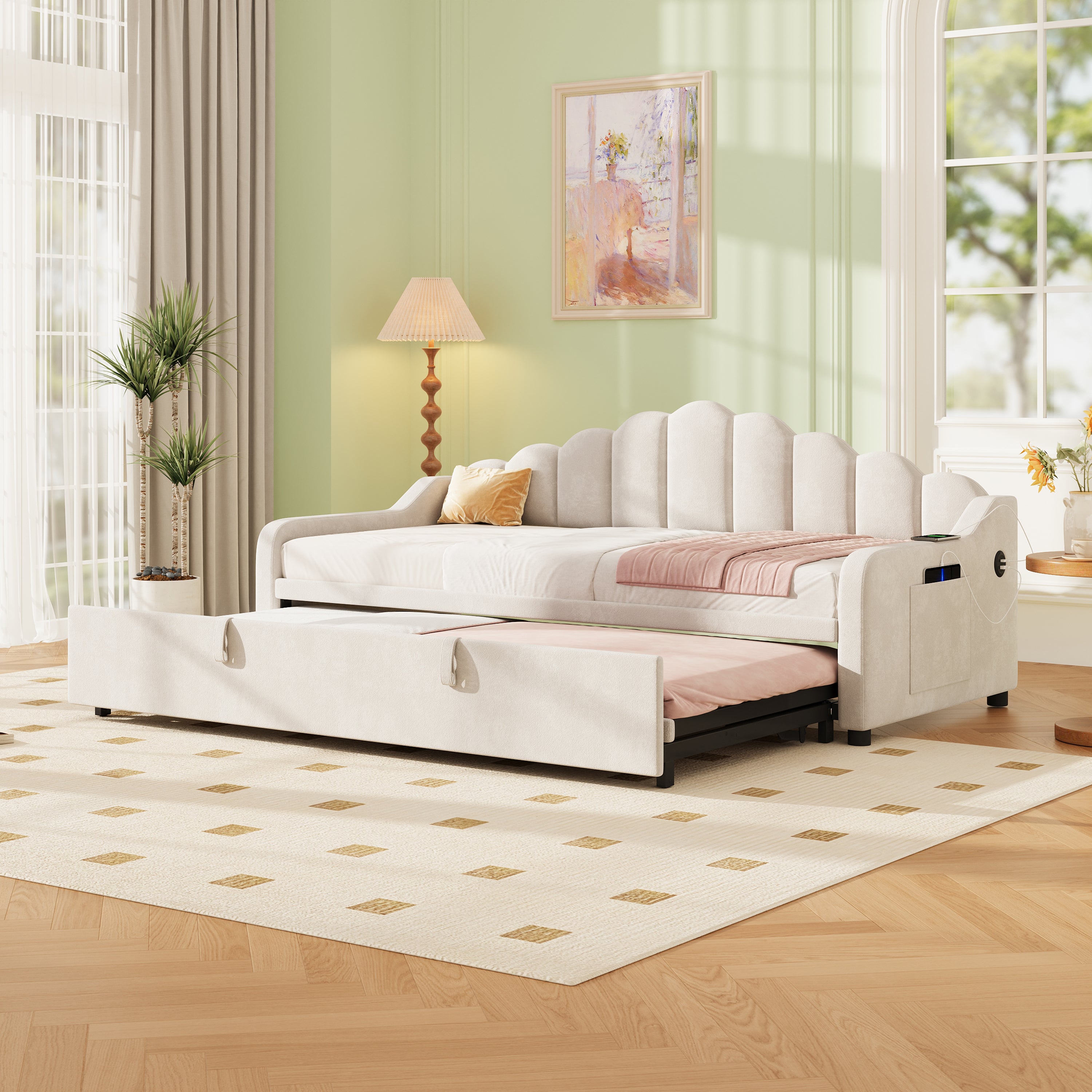 3ft Single Daybed with Pull-out Trundle, Velvet Upholstered Sofa Bed with Side Charging Station & Storage Pockets, Chic Fluted Scalloped Backrest, Beige (No Mattress)