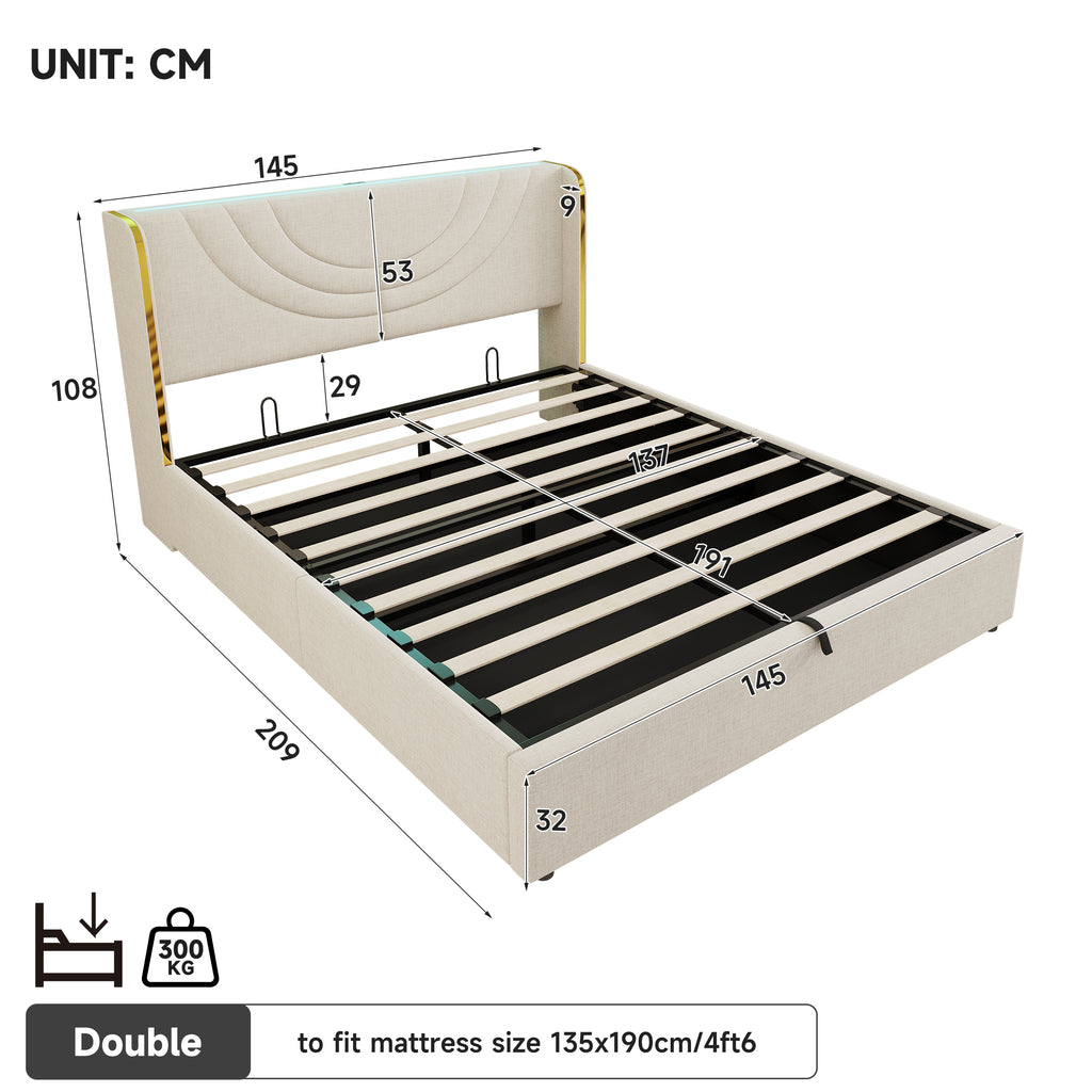 4ft6 Double Upholstered Bed Frame with Hydraulic Storage, LED Headboard with Charging Station and Chrome Trim, USB and Type-C Ports, Linen, No Box Spring Needed, Beige (No Mattress)