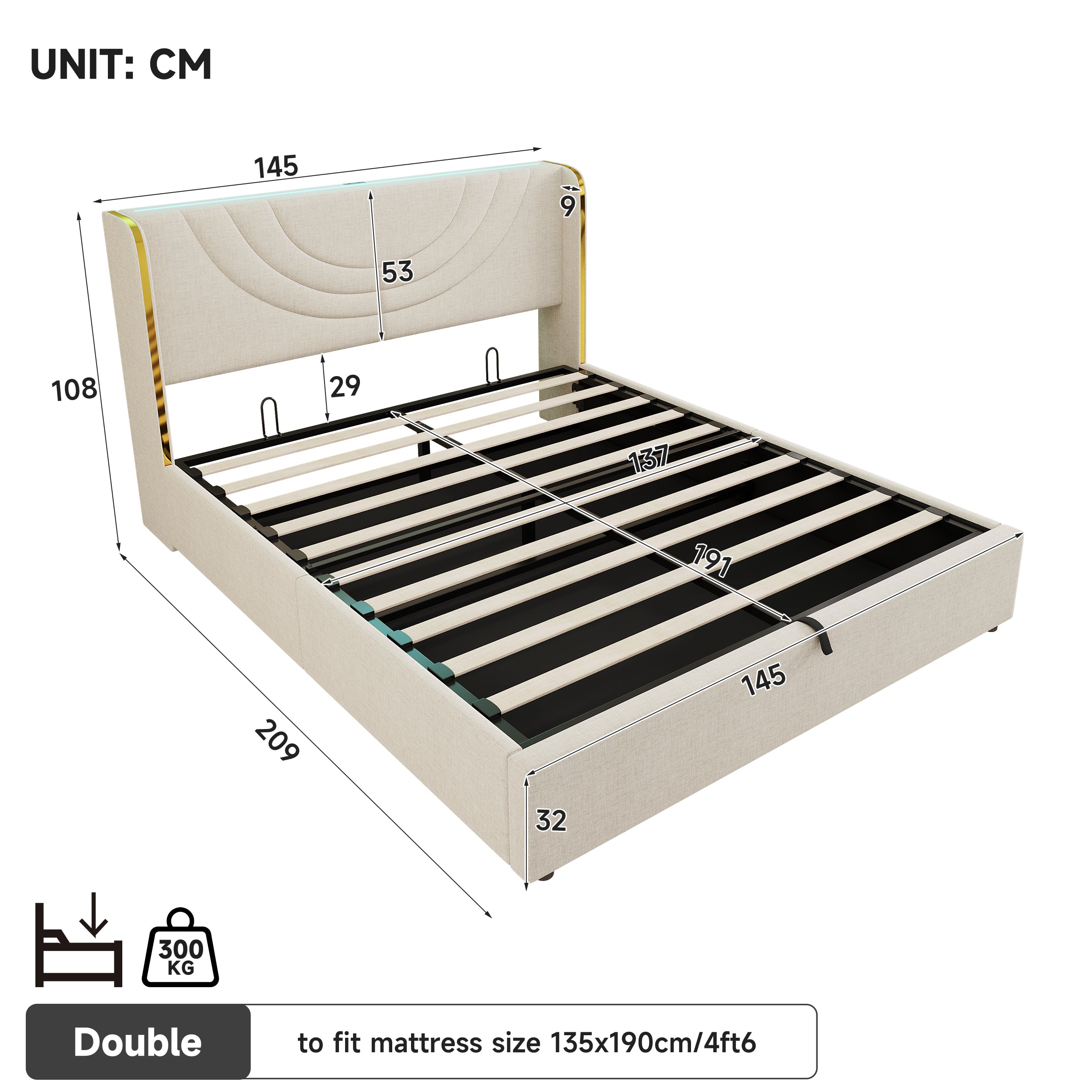 4ft6 Double Upholstered Bed Frame with Hydraulic Storage, LED Headboard with Charging Station and Chrome Trim, USB and Type-C Ports, Linen, No Box Spring Needed, Beige (No Mattress)
