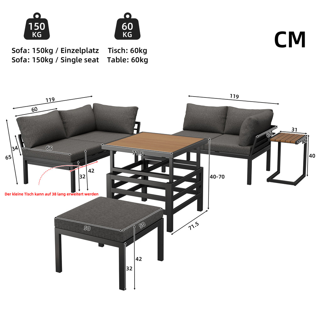 Outdoor Patio Furniture Set (2 Double Sofas + 1 Ottoman), 1 Plastic Lift-Top Coffee Table, Galvanized Iron Frame, with Seat Cushions & Pillows, Includes Small Side Table with Extendable Tabletop