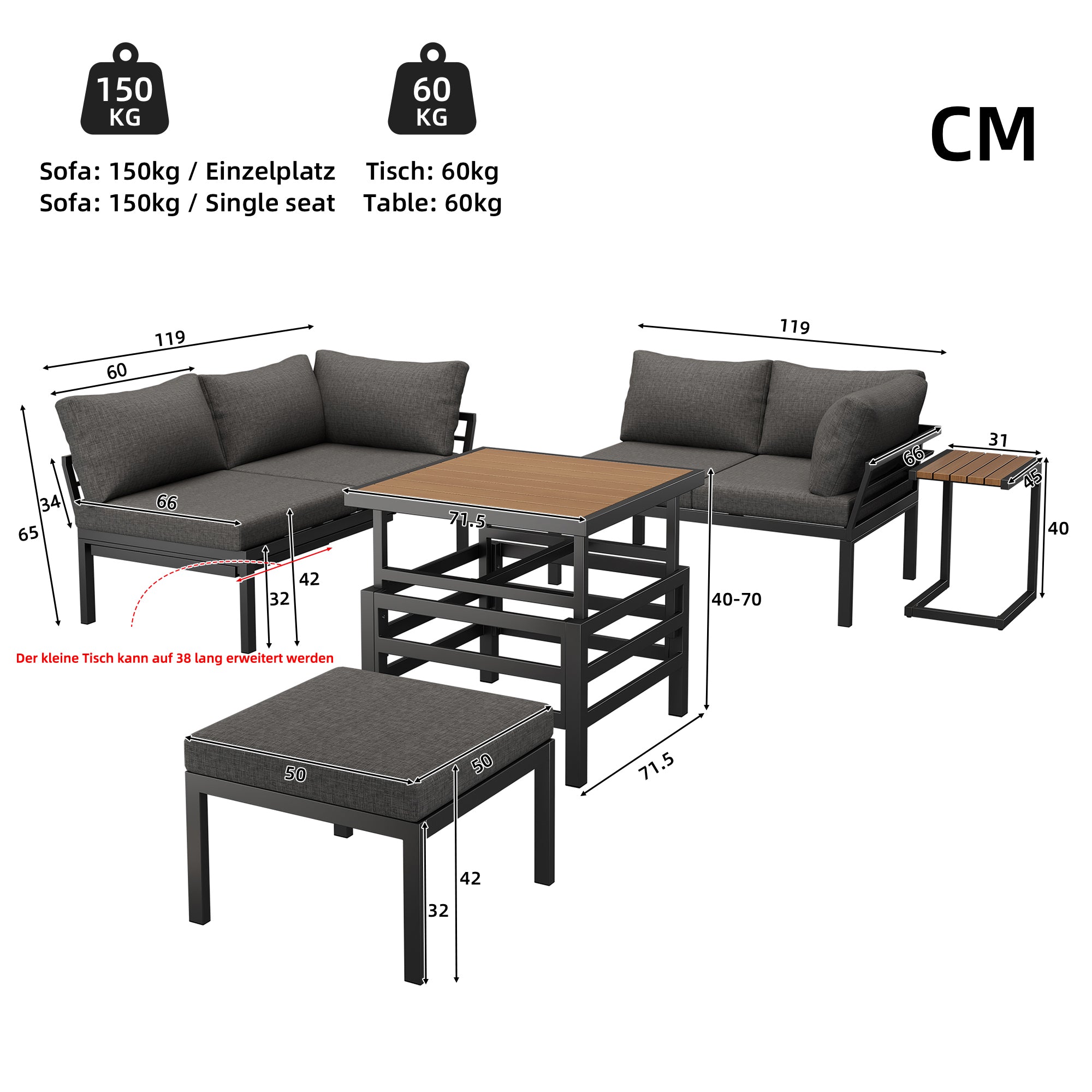 Outdoor Patio Furniture Set (2 Double Sofas + 1 Ottoman), 1 Plastic Lift-Top Coffee Table, Galvanized Iron Frame, with Seat Cushions & Pillows, Includes Small Side Table with Extendable Tabletop