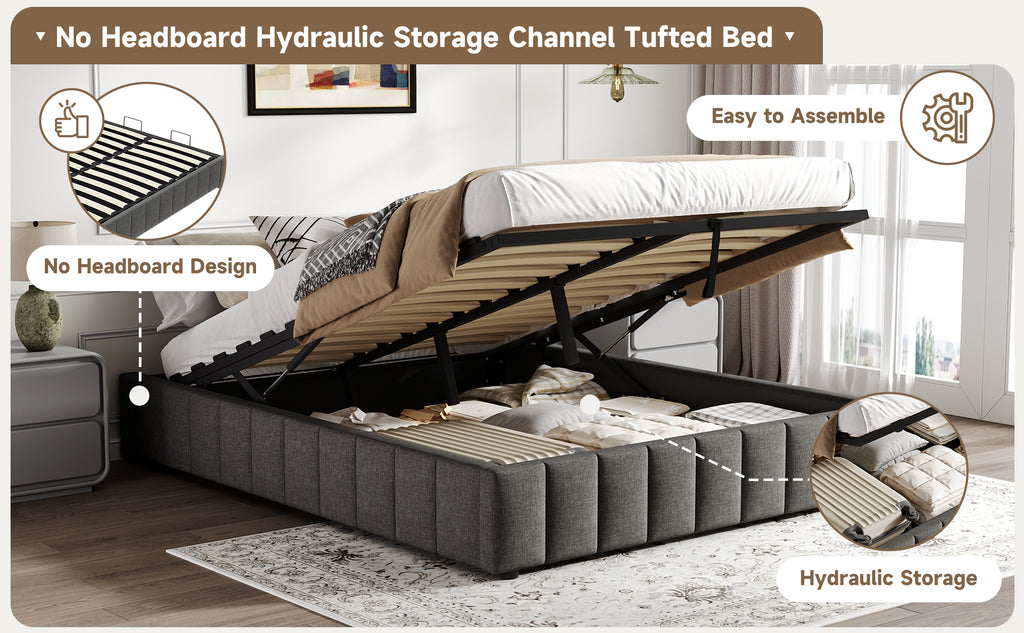4ft6 Double Upholstered Storage Bed Frame, No Headboard  Linen Bed Frame with Hydraulic Storage, Channel Tufted  Ottoman Bed, Metal-Wood Support, No Box Spring Needed, Easy Assembly,Grey (No Mattress)