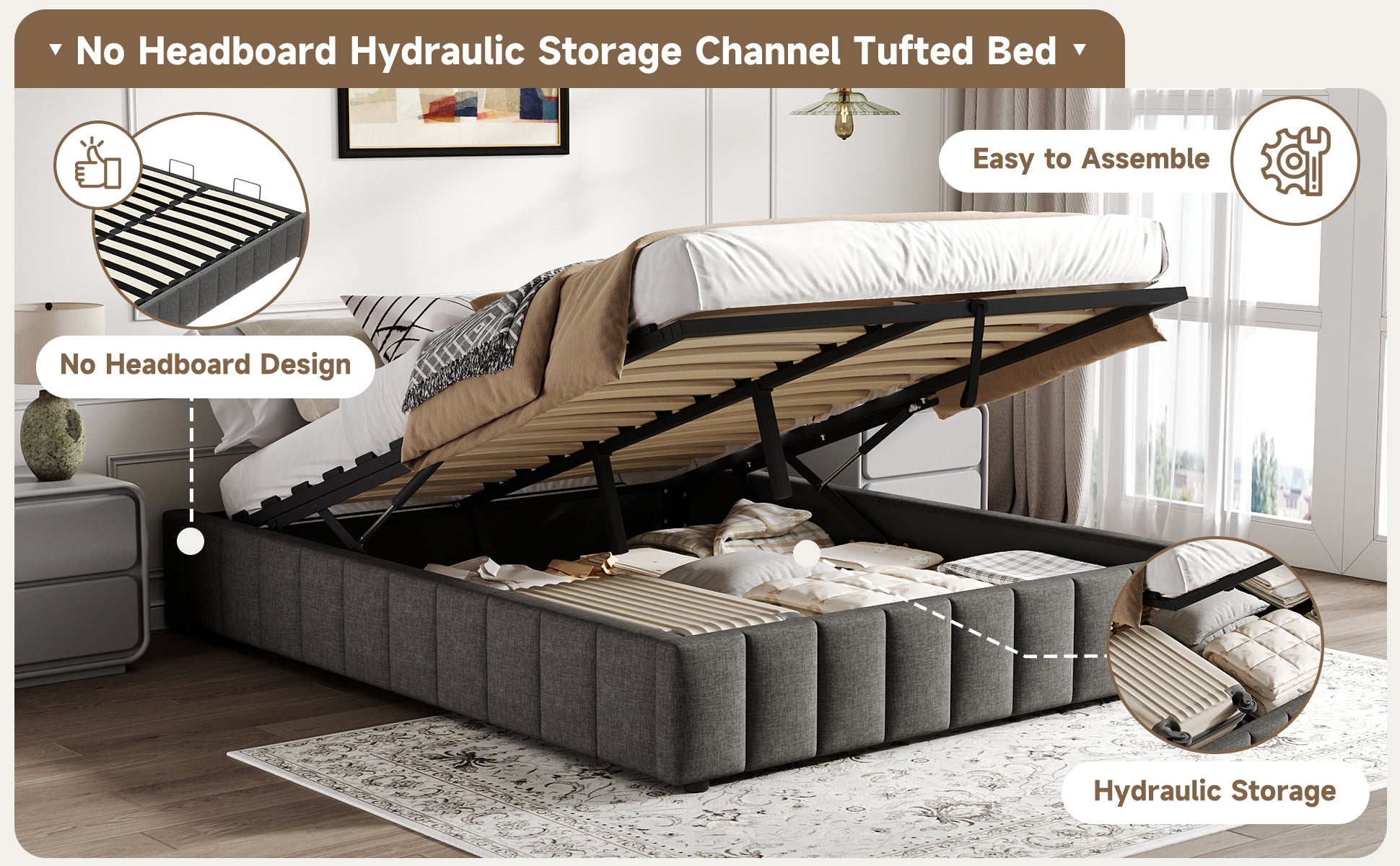 4ft6 Double Upholstered Storage Bed Frame, No Headboard  Linen Bed Frame with Hydraulic Storage, Channel Tufted  Ottoman Bed, Metal-Wood Support, No Box Spring Needed, Easy Assembly,Grey (No Mattress)
