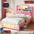 3ft Single Upholstered Velvet Bed Frame, LED Bed Frame with Charging Station & Diamond Tufted Headboard, Concealed Headboard Storage with USB and Type - C Ports, Easy Assembly, Pink (No Mattress)