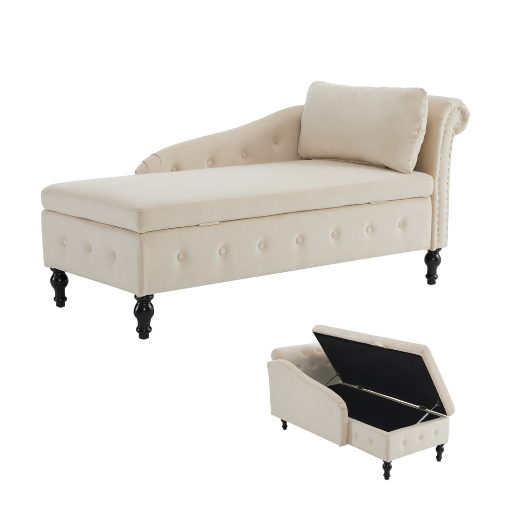 Velvet Chaise Lounge Sofa with Storage, Upholstered Chaise lounge Couch with Pillow for Living Room, Modern Nailhead-Trim & Button-tufted Lounge Chair, Bedroom and Office, Right Armrest