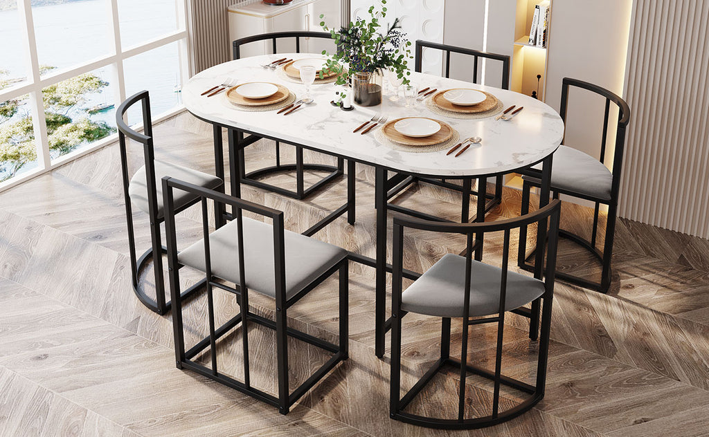 Six-chair dining table set: (White table, chairs with backrests and gray cushions, black iron frame), dining room table and chair set, modern dining table combination