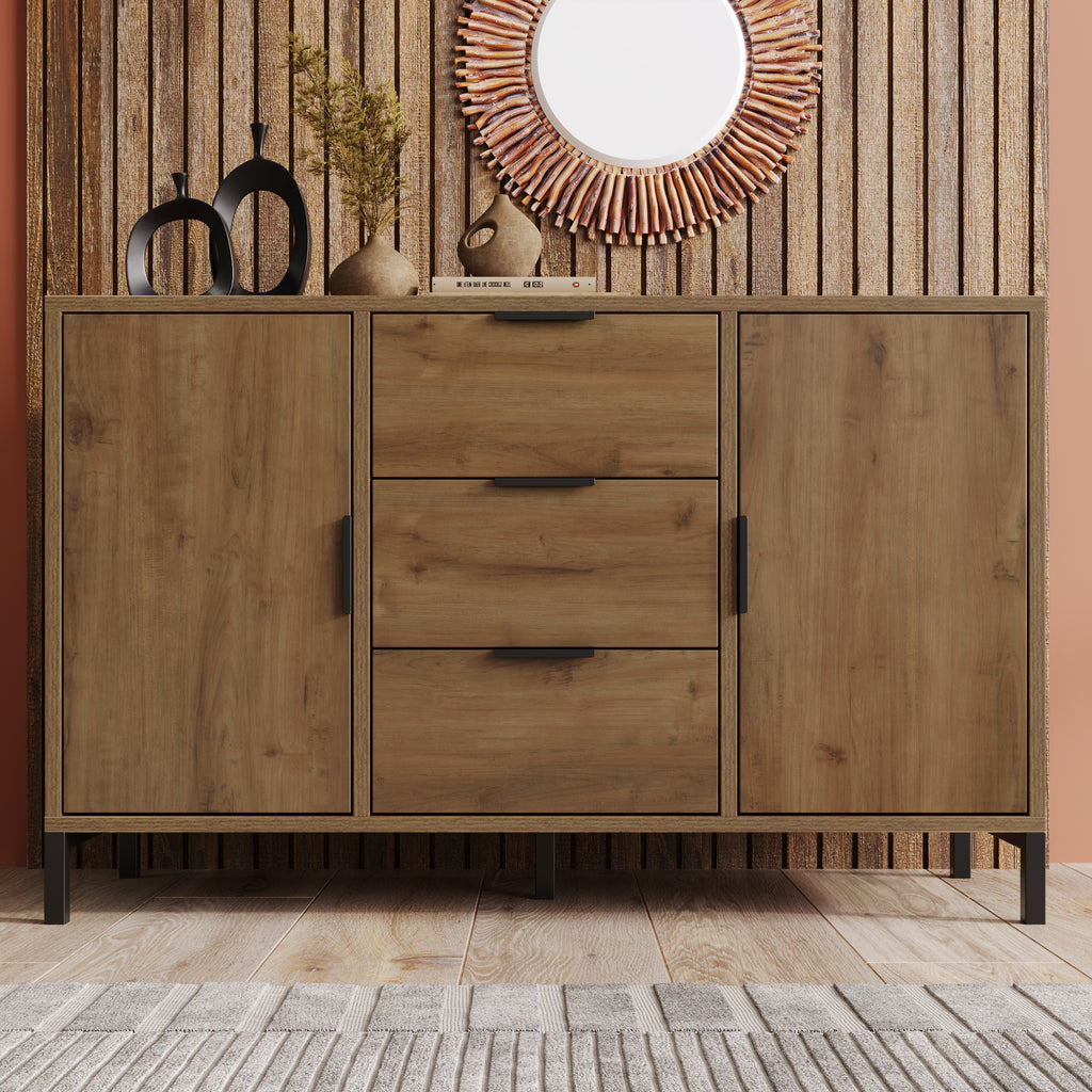  Sideboard Cabinet for Living Room, Chest of Drawers with 2 Doors and 3 Drawers, Adjustable shelf, Dark Oak, 40D x 120W x 76H cm