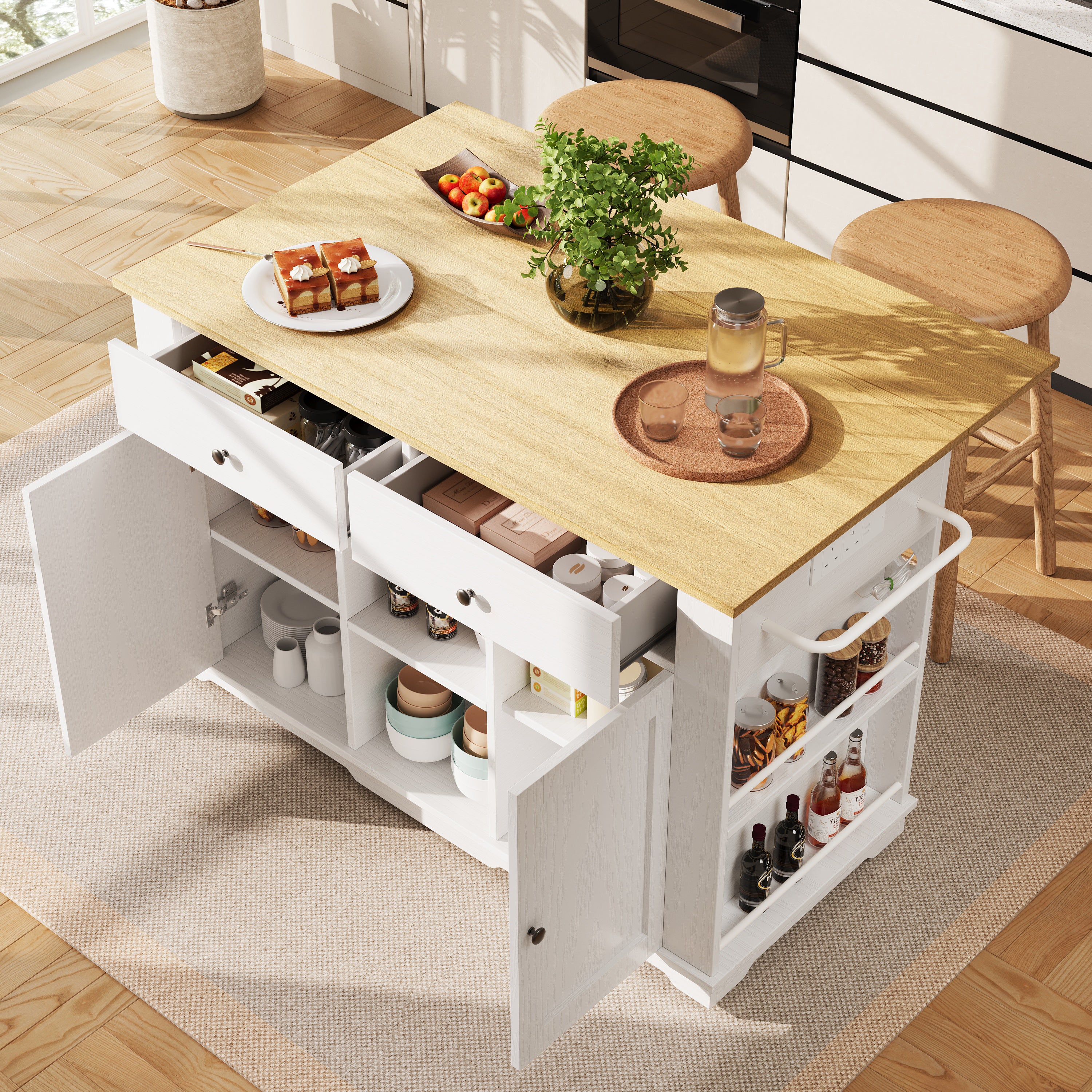 Kitchen island, kitchen trolley equipped with power strip, kitchen cabinet, serving trolley with worktop, buffet cabinet, dining trolley with wood grain, white
