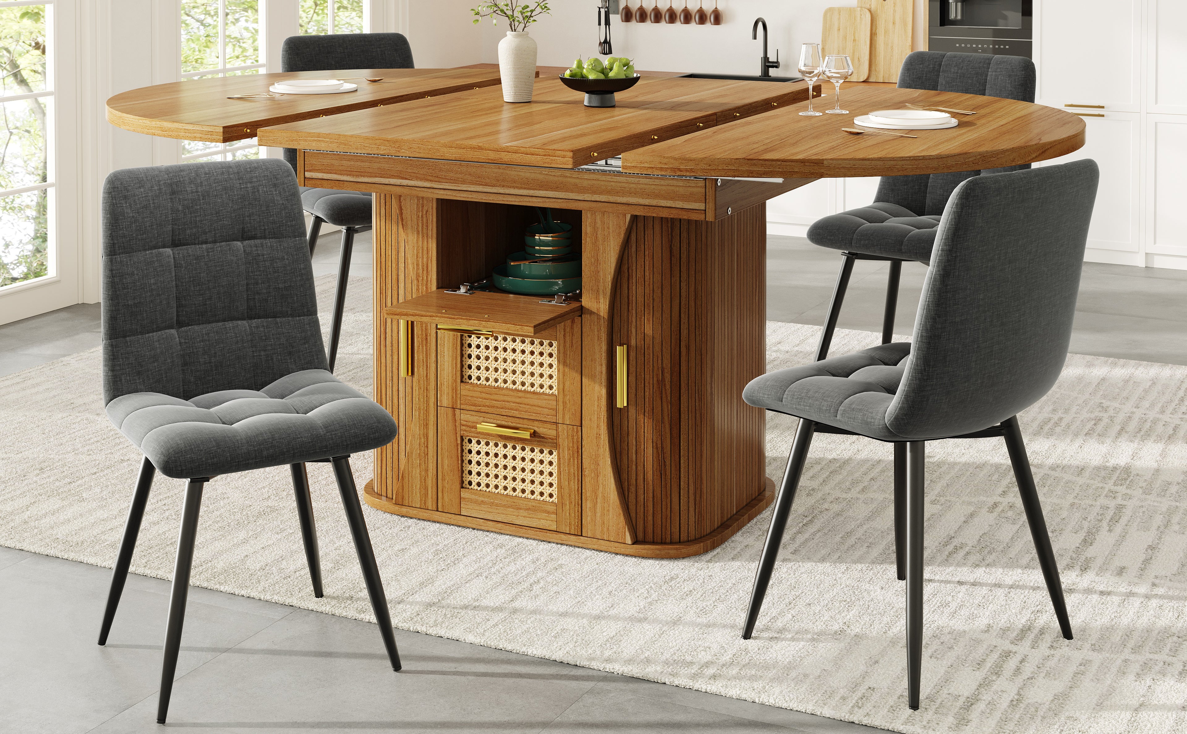 Extendable dining table with storage, 118–158cm table with rattan drawers, MDF wood look, black / natural wood / brown