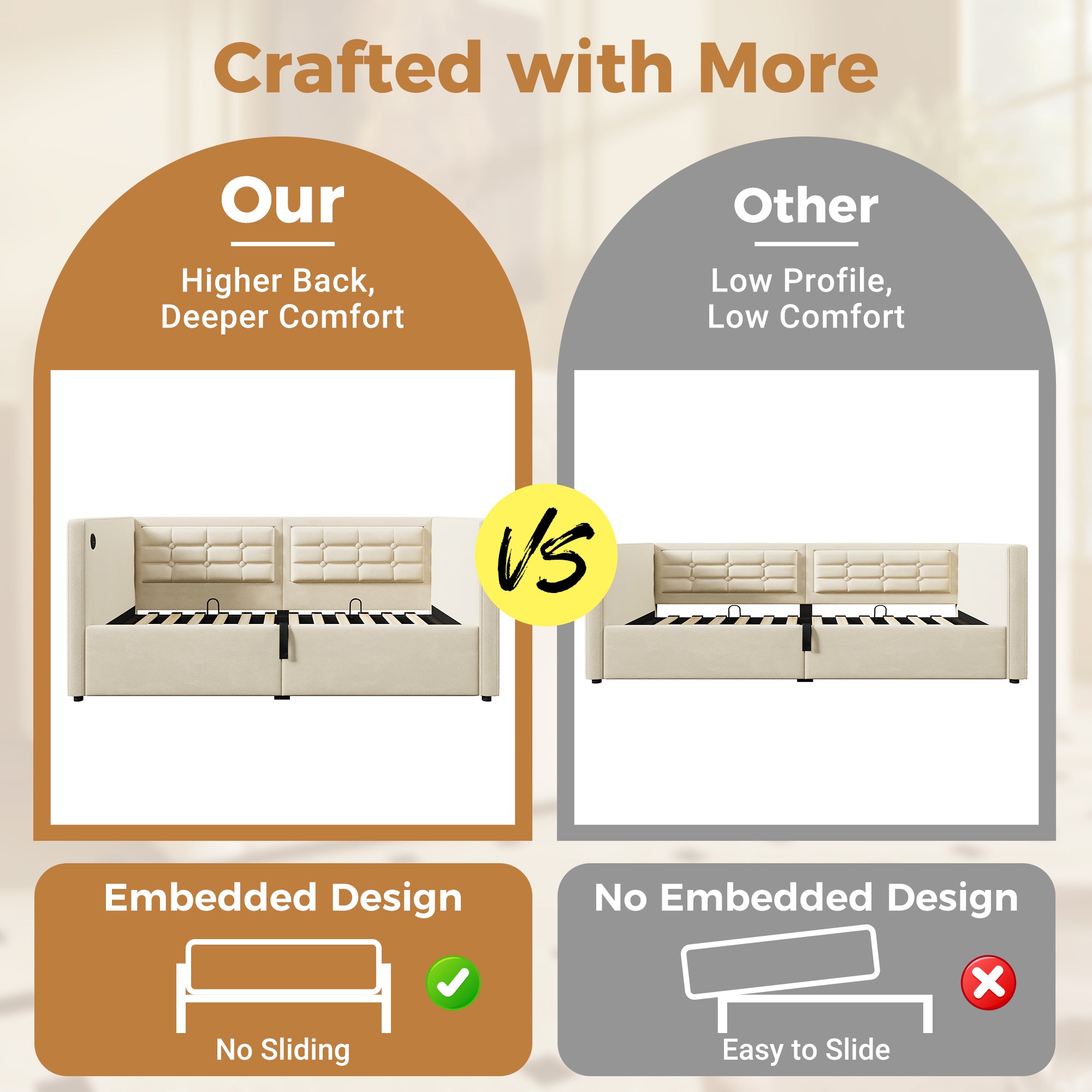 Daybed Upholstered Bed 90 x 190 cm, 3FT Single Sofa Bed with USB &Type-C Charging Station,  Hydraulic Storage Bed for Living Room and Bedroom, Velvet, Beige (No Mattress)